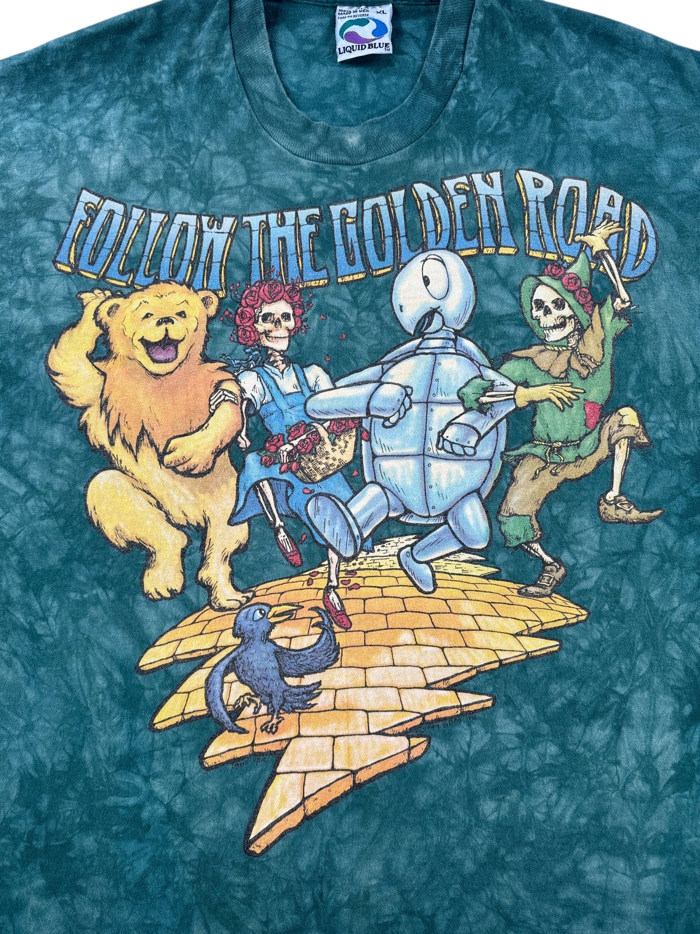 Front Close Up of Vintage 1994 Liquid Blue Follow The Golden Road Grateful Dead Tour Tee SZ L