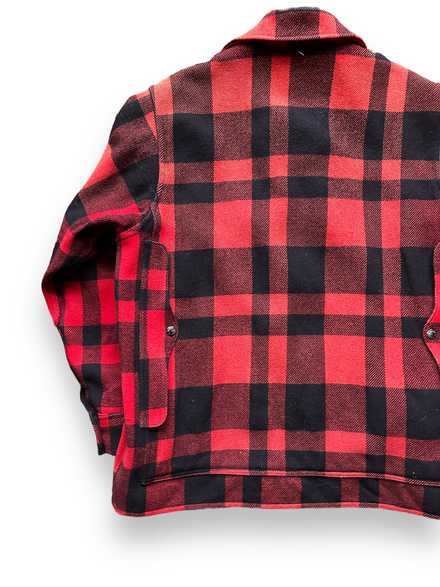 Rear Left View of Vintage Sun Faded Union Made Filson Red and Black Mackinaw Cruiser SZ 44 | Vintage Filson Mackinaw | Vintage Filson Workwear Seattle