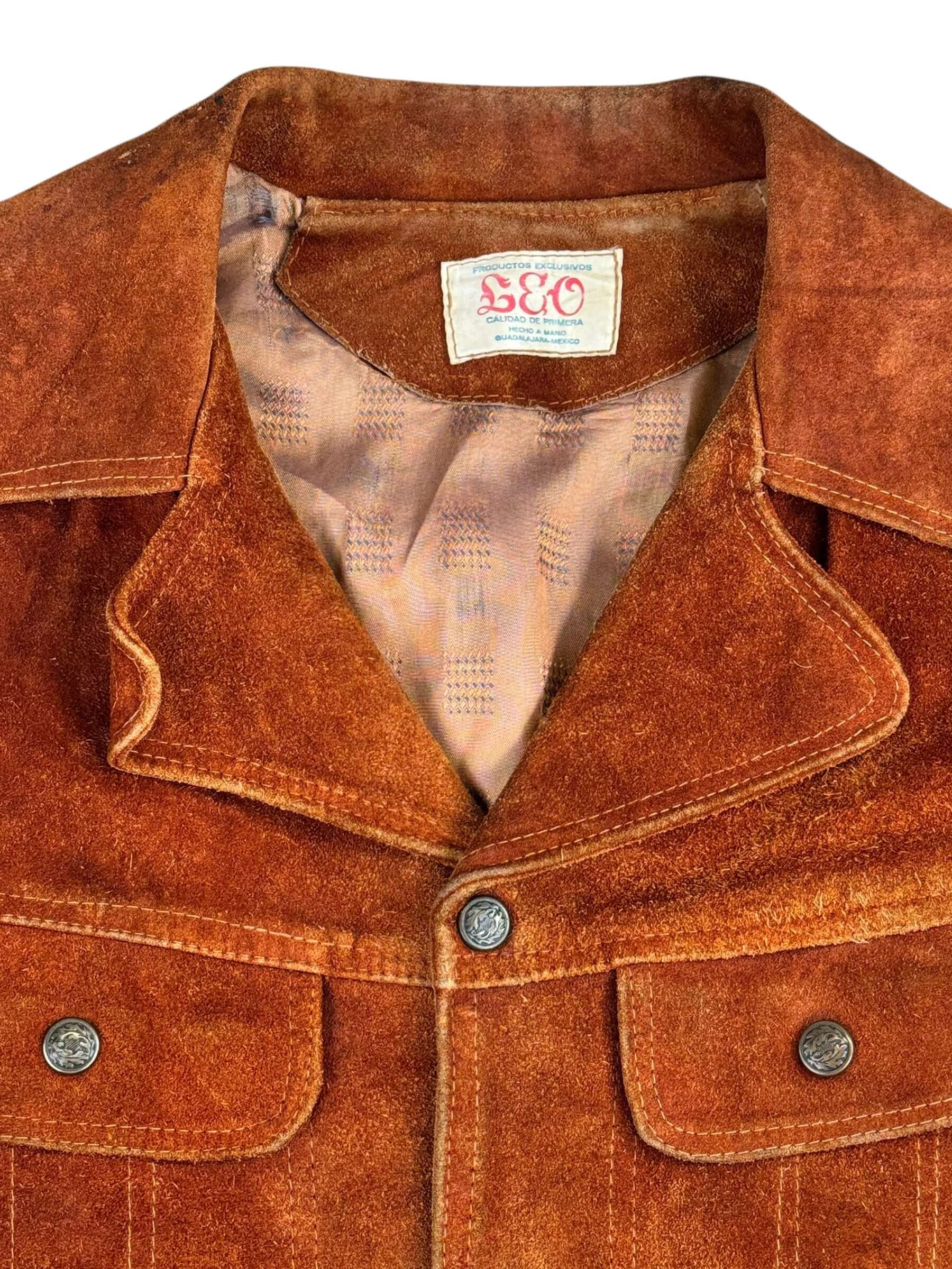 Tag view of 1970s Leo Suede Trucker Style Jacket M