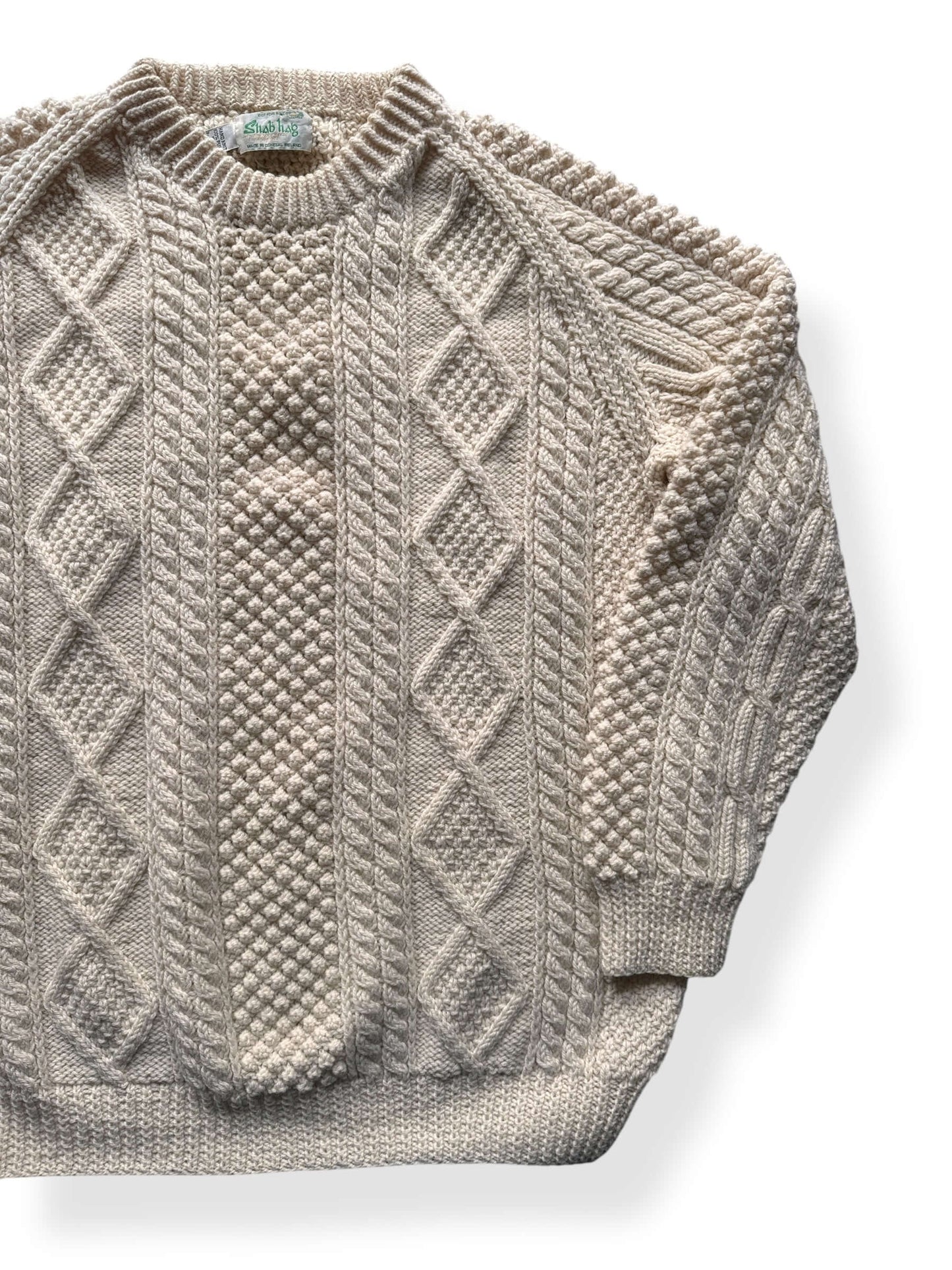 Front Left of Vintage Sliab Liag Cream Irish Cable Knit Fishermans Sweater SZ XL
