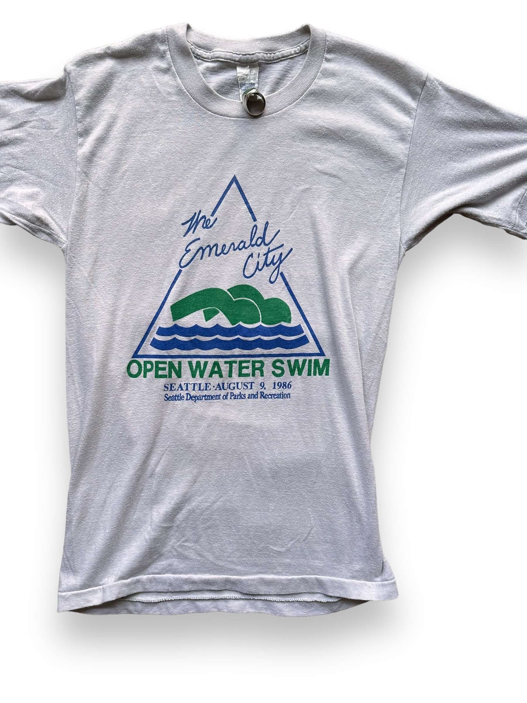 Front Detail of Vintage Emerald City Open Water Swim Tee SZ M | Barn Owl Vintage Tees | Vintage Graphic Tees Seattle