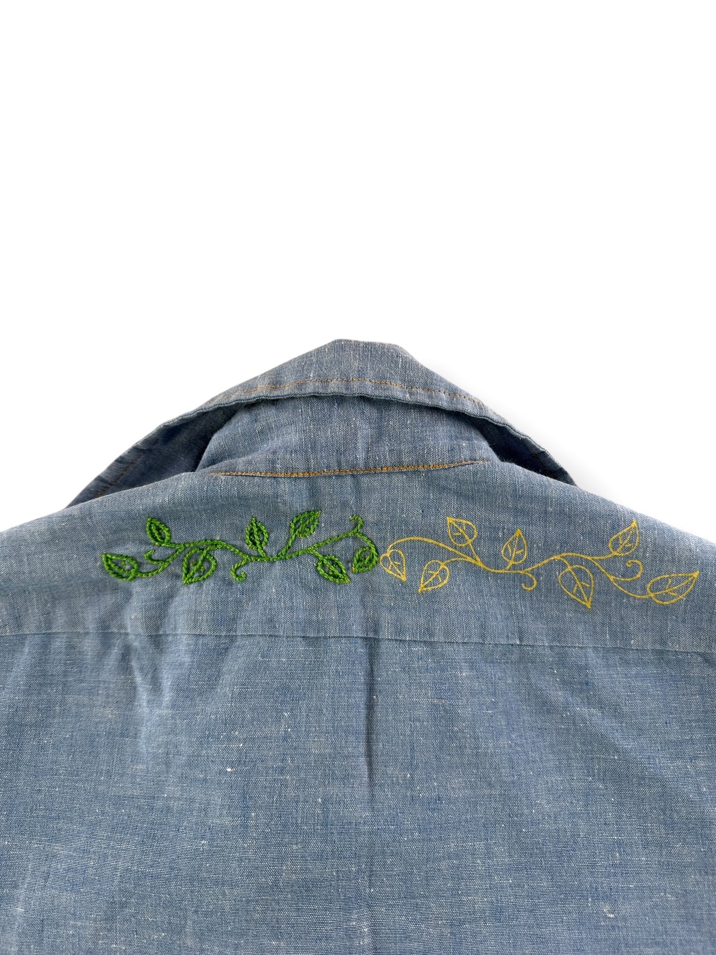Back embroidery detail on Vintage 70s Embroidered Chambray Shirt