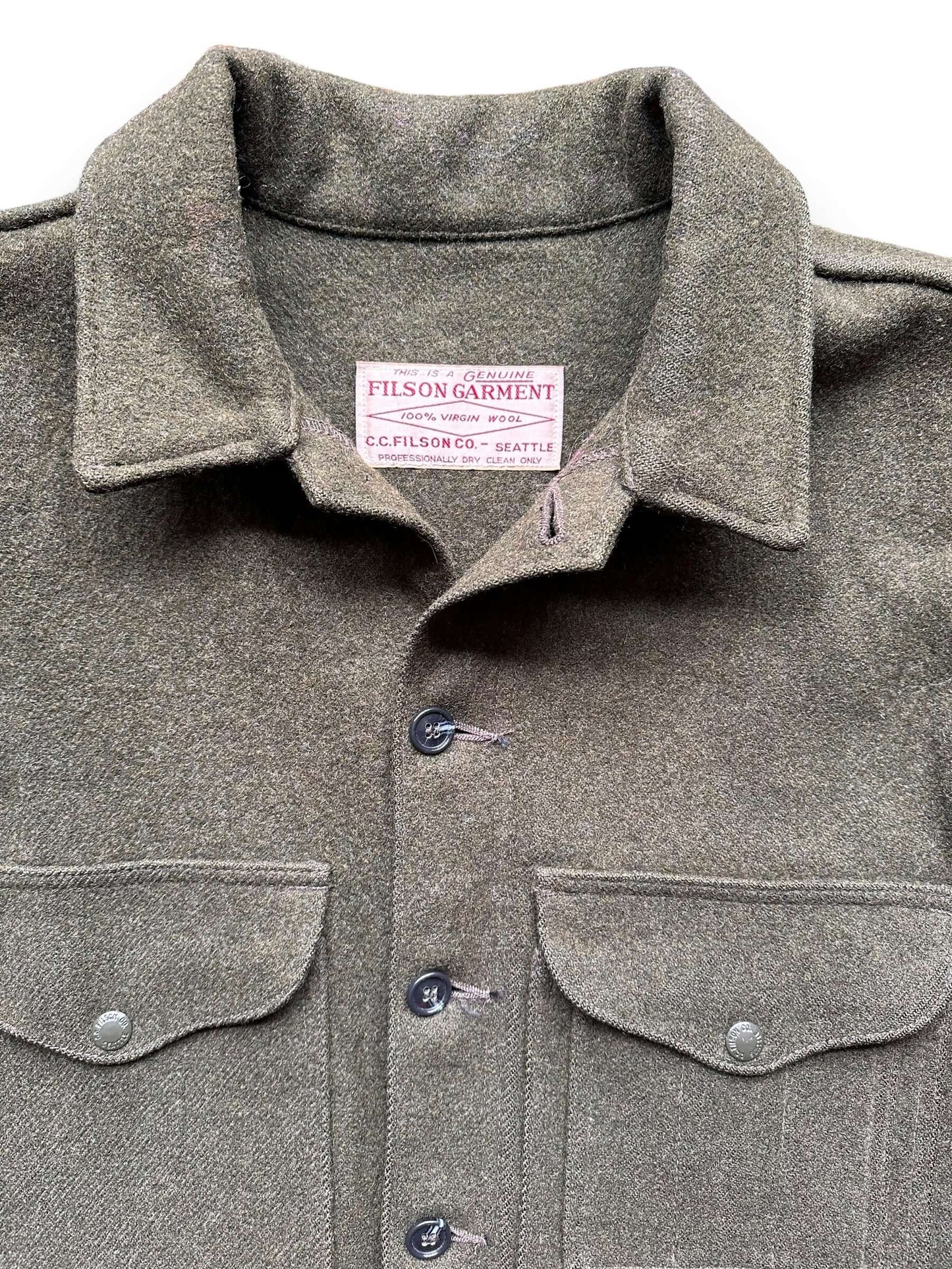 Upper Chest View of Filson Forest Green Mackinaw Cruiser SZ 42 | Vintage Filson Workwear Seattle