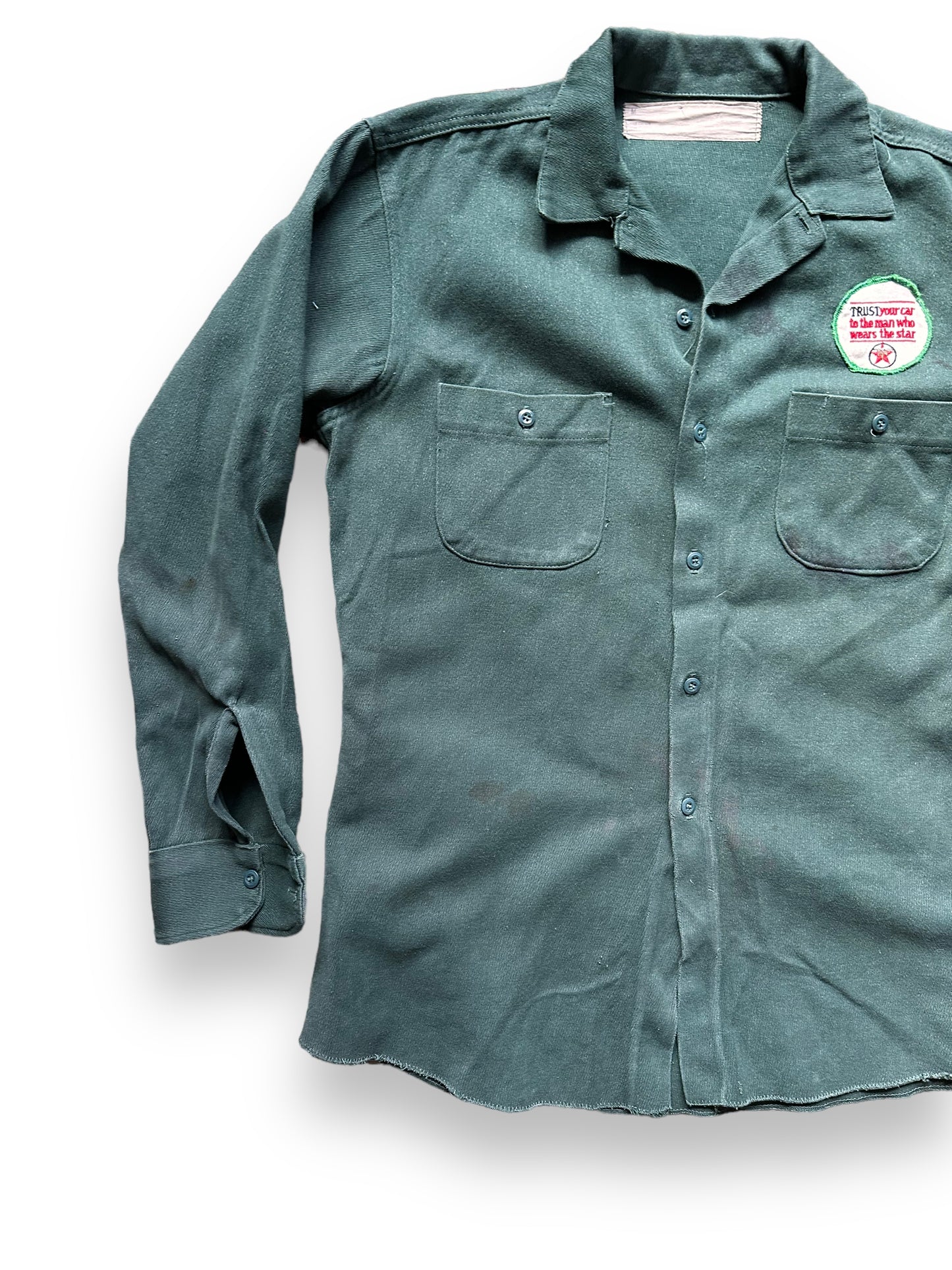 Front Right View of Vintage Power Flite Transmission Chainstitched Work Shirt SZ M | Vintage Chainstitch Workwear Seattle | Barn Owl Vintage Seattle