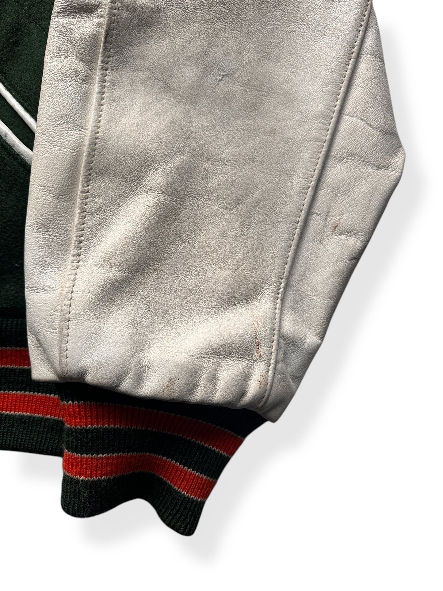 Close Up of Left Sleeve of Vintage 1987 Woodway Varsity Jacket SZ XL