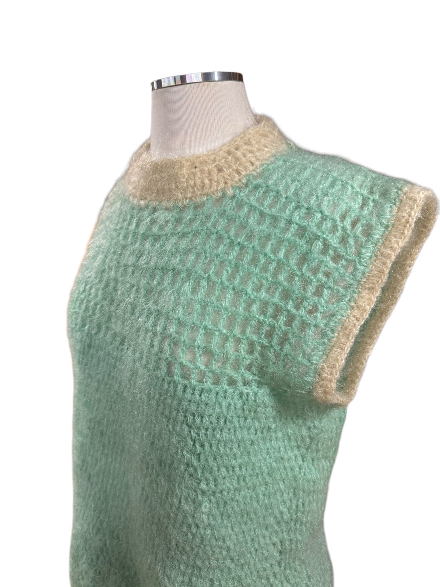 Side view of 1960s Mint Green Mohair Sleeveless Sweater M