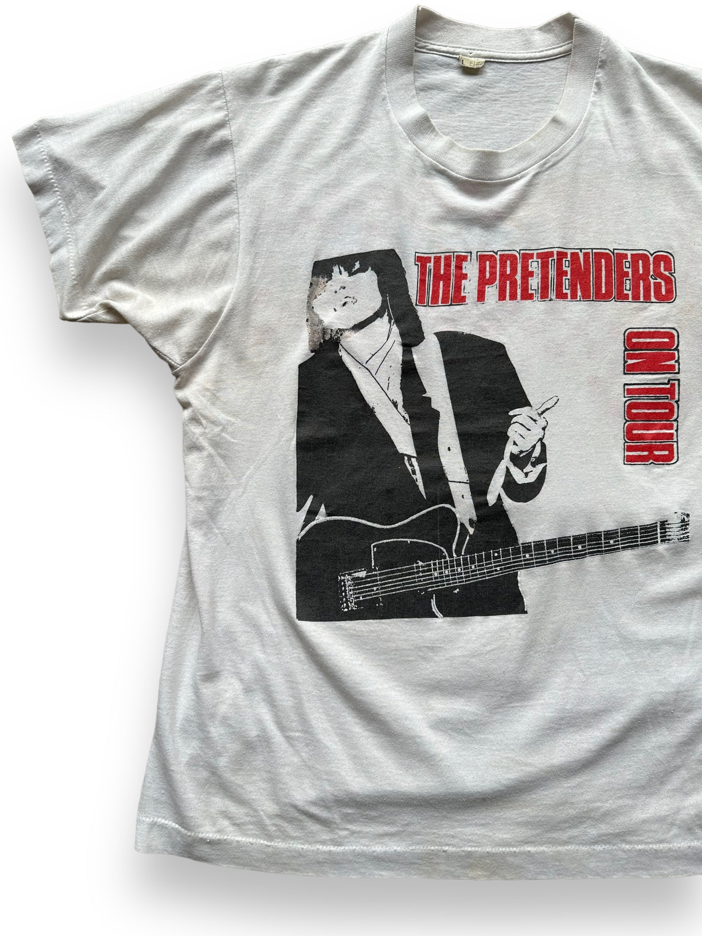 Front Right View of Vintage Pretenders On Tour Bootleg Tee SZ L | Barn Owl Vintage Clothing | Vintage Chrissie Hynde Rock Tees Seattle