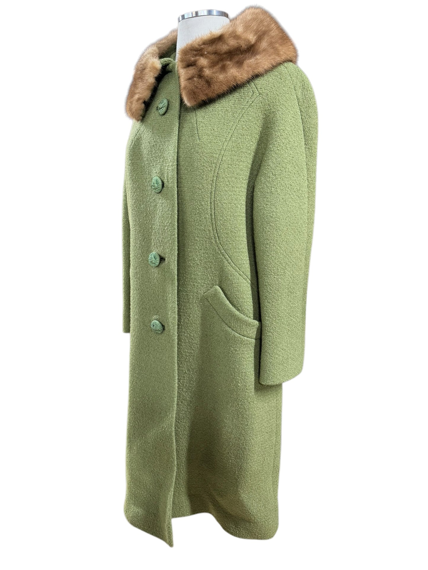 Side view of 1950s Mink Collar Sage Green Coat M