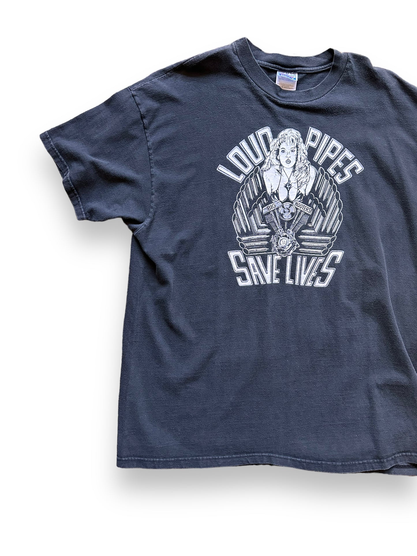 Front Right View of Vintage Loud Pipes Save Lives Tacoma Twin V Harley Tee SZ XXL | Vintage Harley Tee Seattle | Barn Owl Vintage Clothing