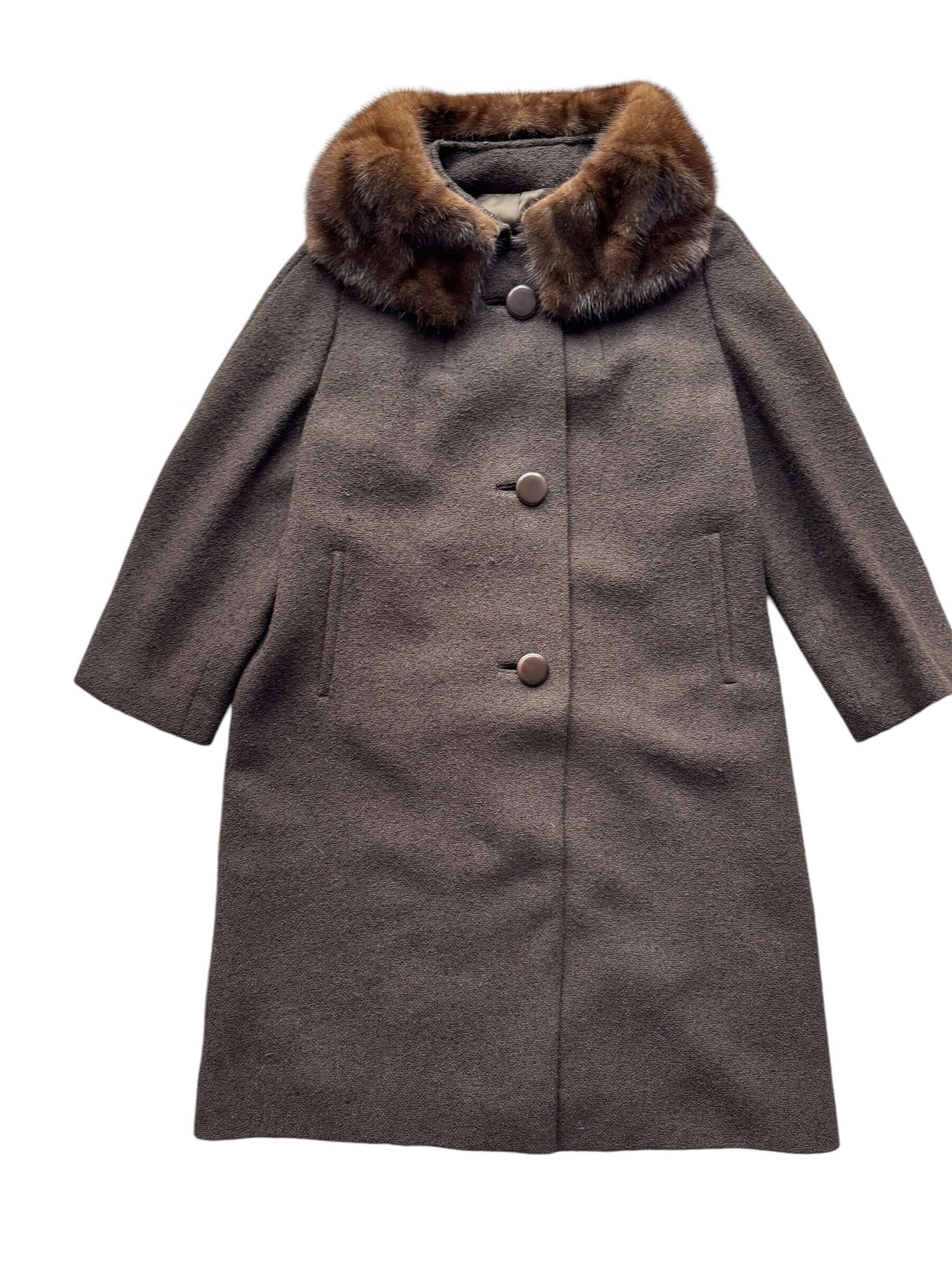 Front view of 1960s Shagmoor Brown Coat with Mink Collar M-XL