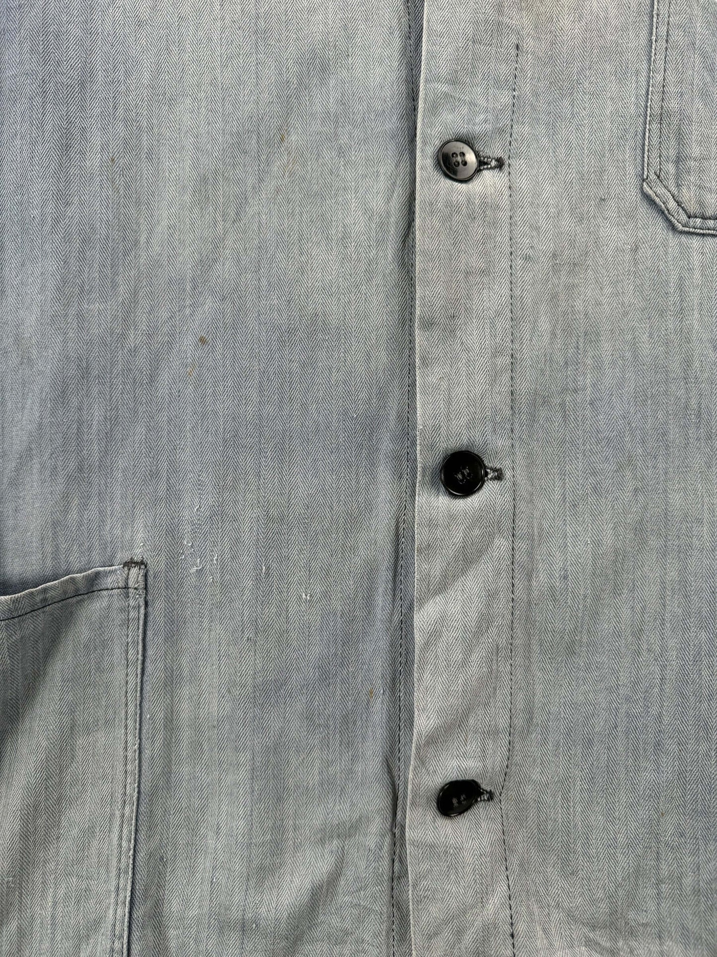 Wear on Vintage Amazingly Sunfaded French Chore Coat SZ L