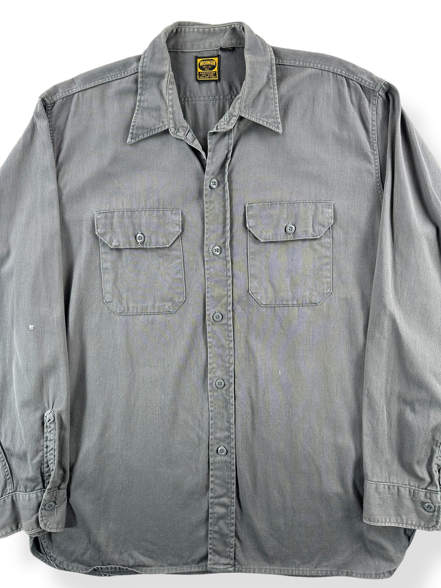 Front Close Up of Vintage Washington "Dee-Cee" Vat Dyed Grey Twill Shirt SZ L