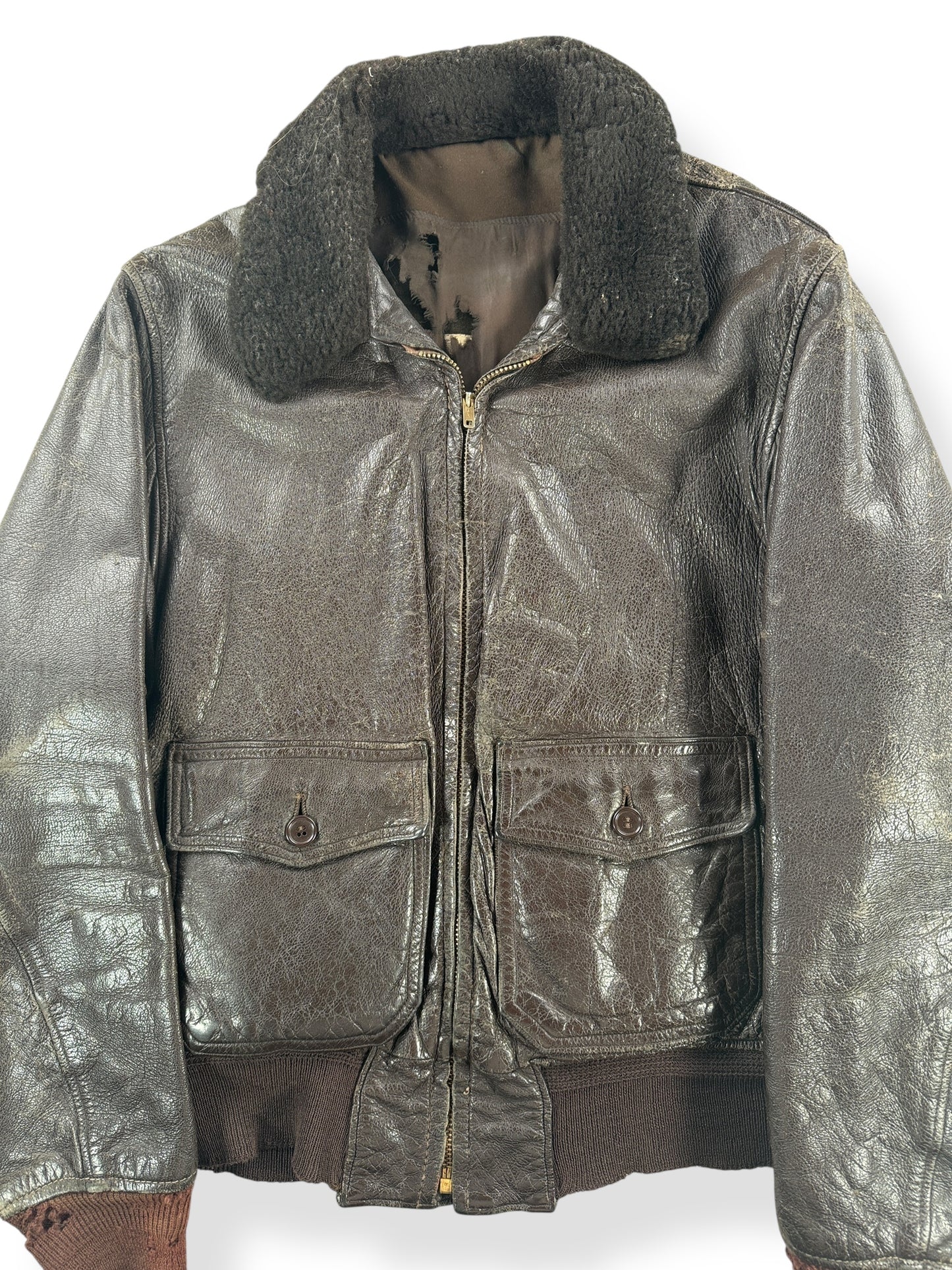 Front Close Up of Vintage G-1 Bomber Jacket with Beat Liner SZ XL