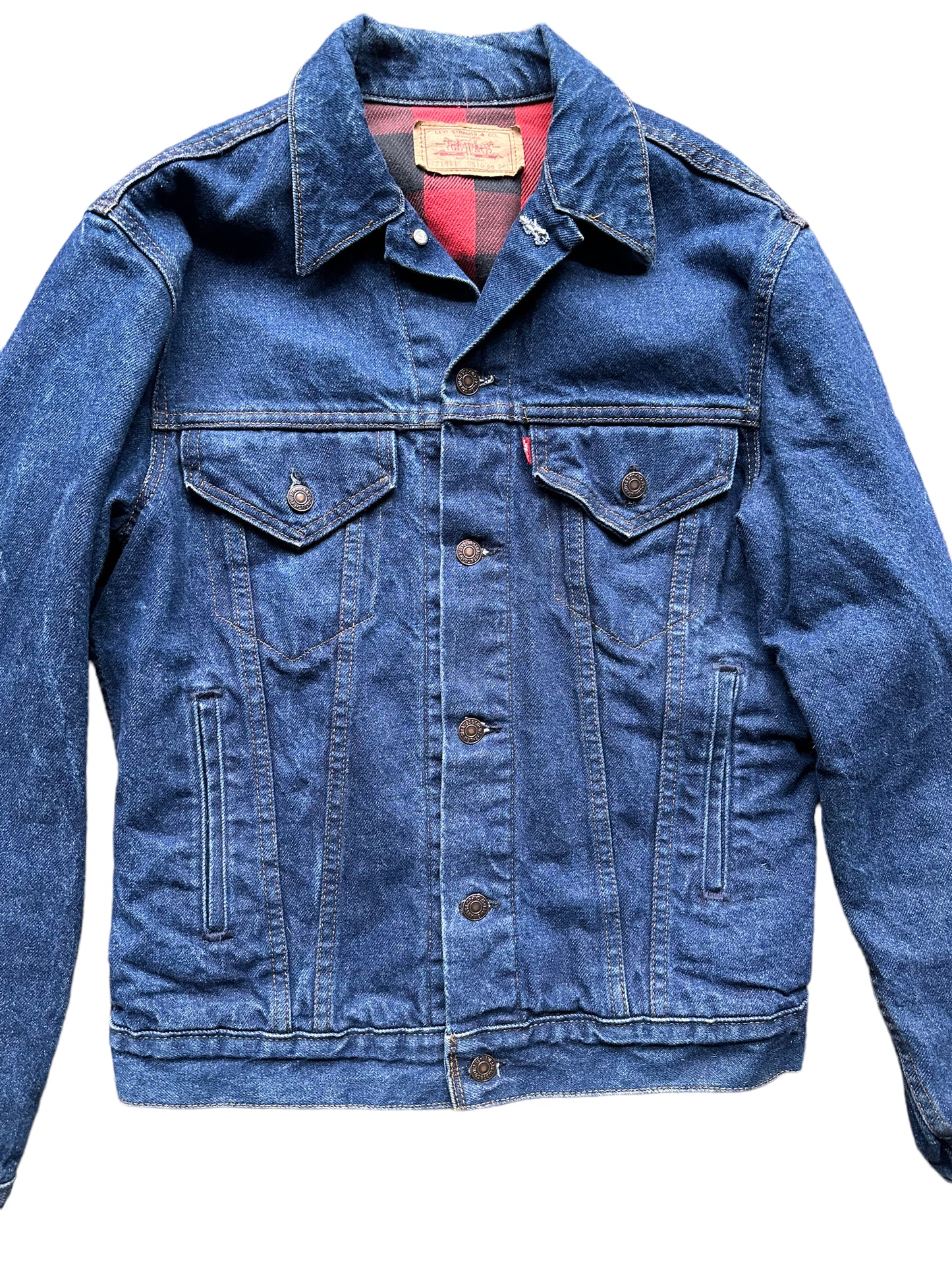 Front Detail on Vintage Red Flannel Lined Levis Type 3 Denim Trucker Jacket SZ S | Vintage Levi Strauss Denim Workwear Seattle | Seattle Vintage Clothing