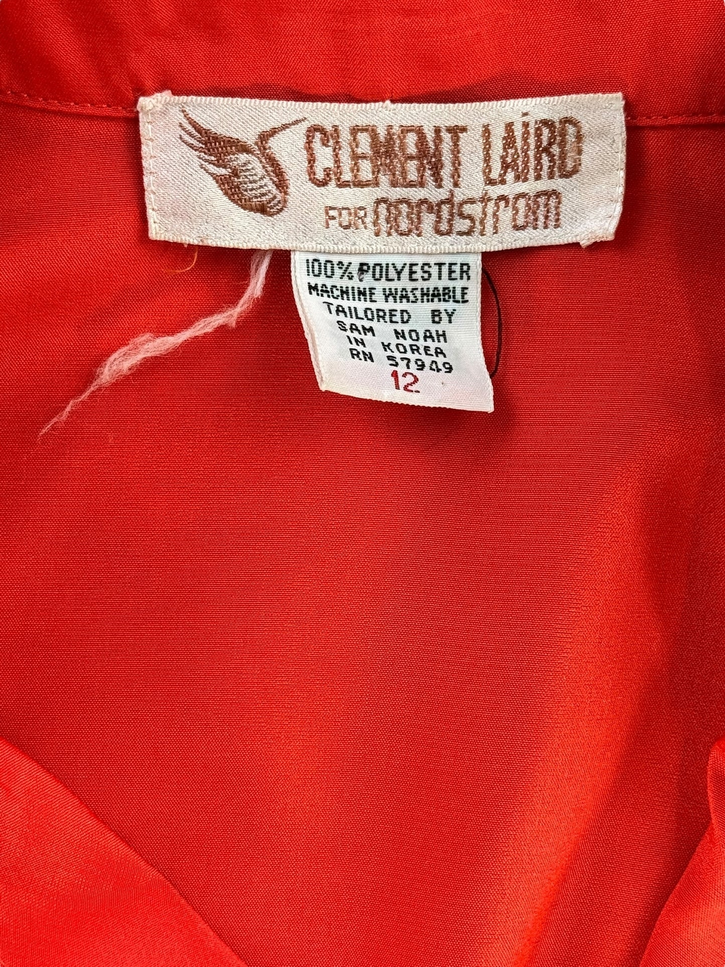 Tag view of 1970s Clement Laird Coral Polyester Dress L-XL