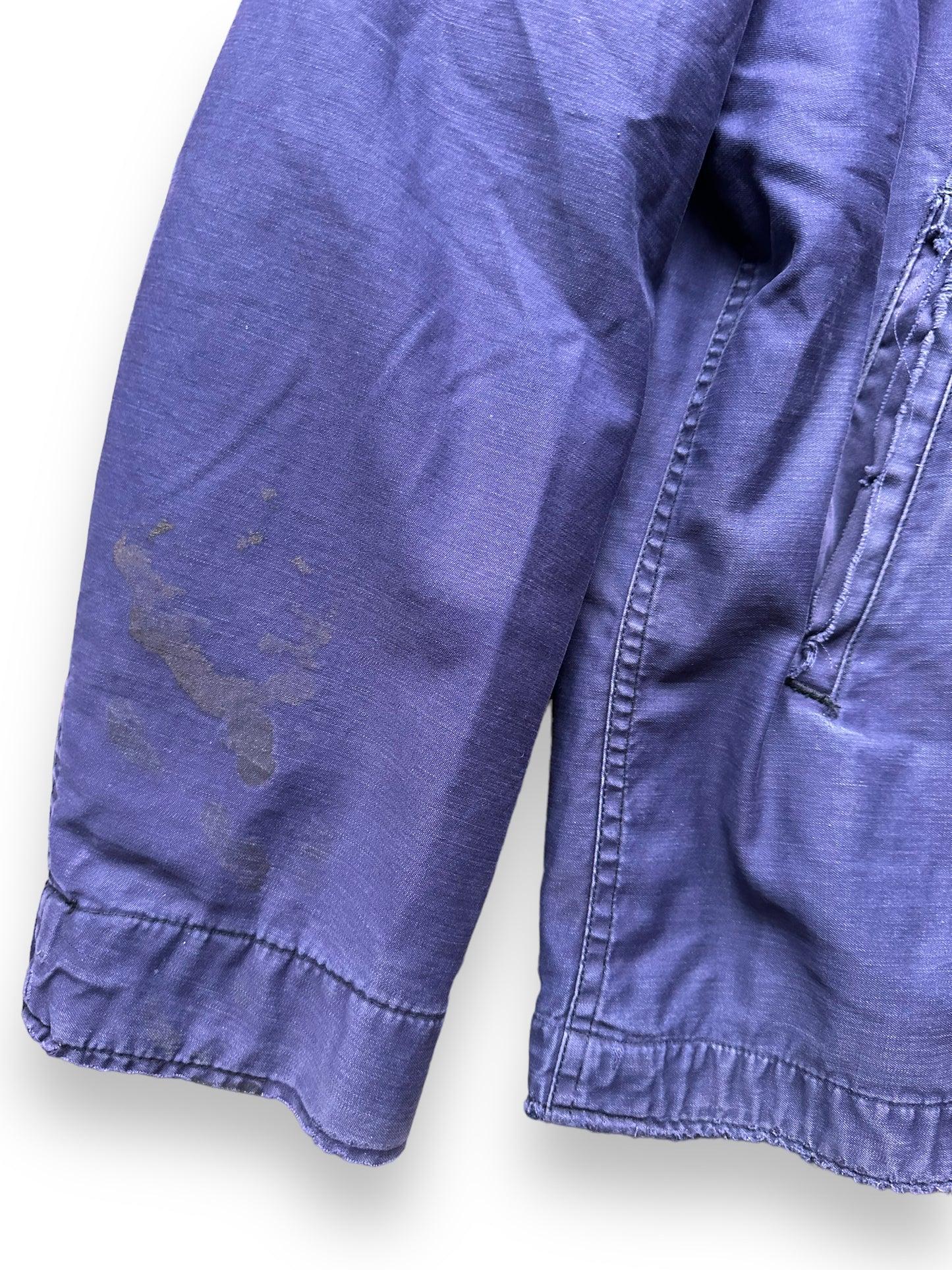 Stain on Lower Right Sleeve View of Vintage 1968 N-4 Utility Deck Jacket SZ 38 | Vietnam Deck Jacket Seattle | Barn Owl Vintage Seattle