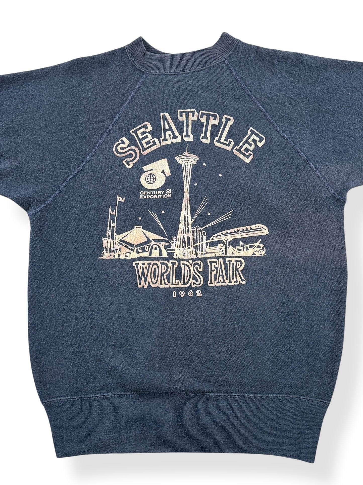 Front Close Up of Vintage 1962 Flocked Seattle Worlds Fair Crewneck SZ M