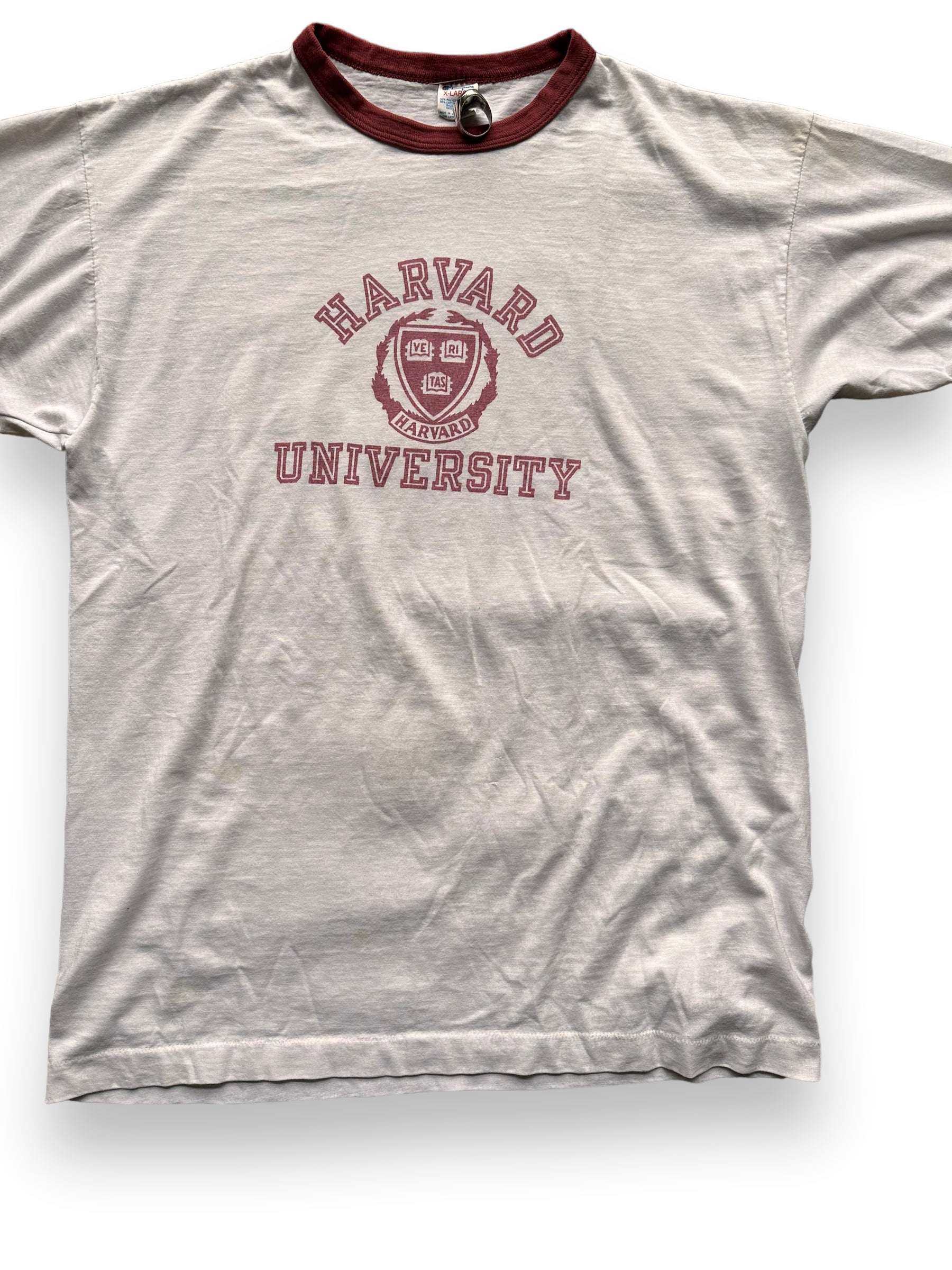 Front Detail on Vintage Champion Harvard University Ringer Tee SZ XL | Vintage Ivy League Tee Seattle | Barn Owl Vintage Seattle