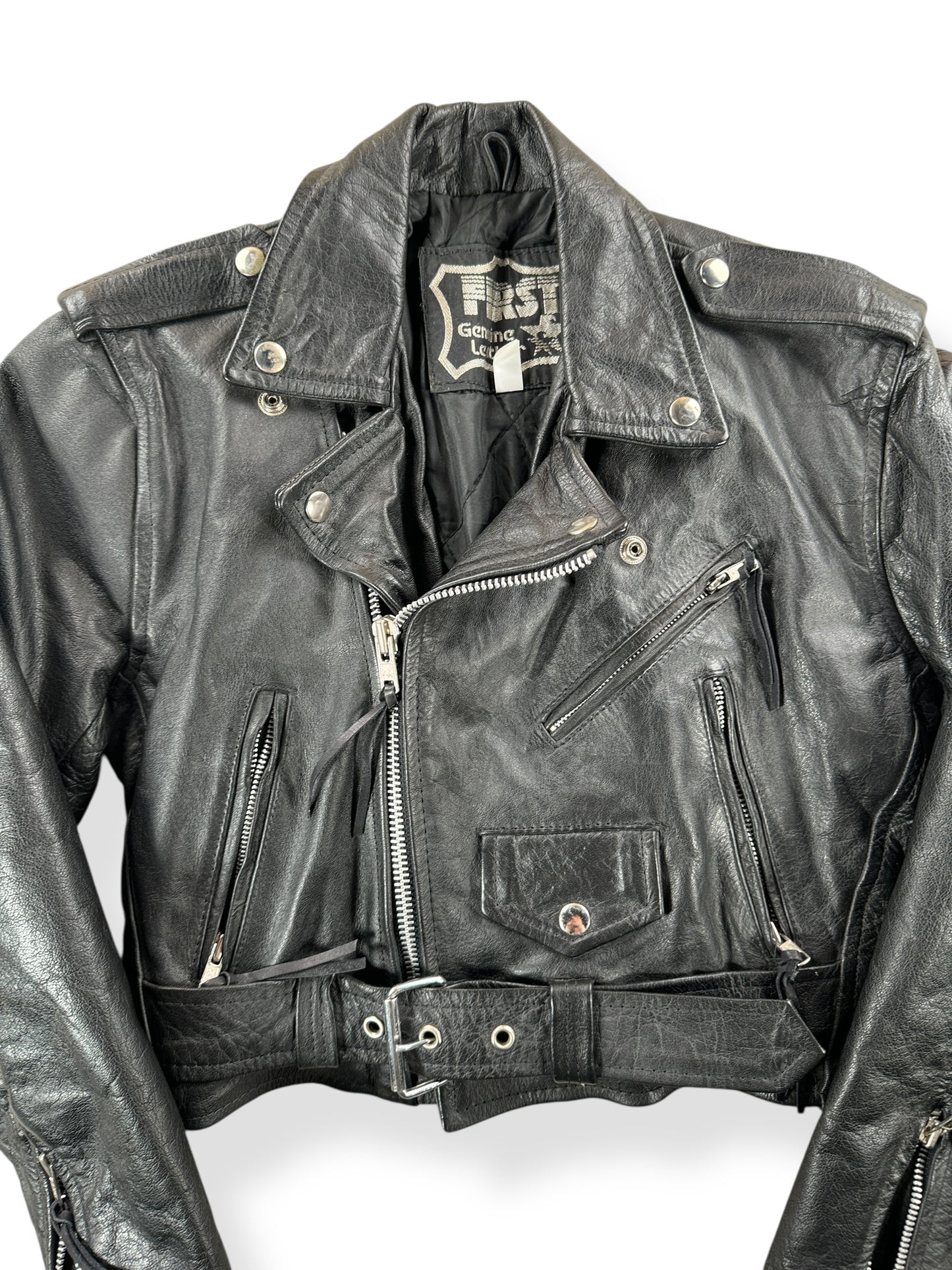 Front Close Up of Vintage Womens 1980s First Leather Motorcycle Jacket SZ S