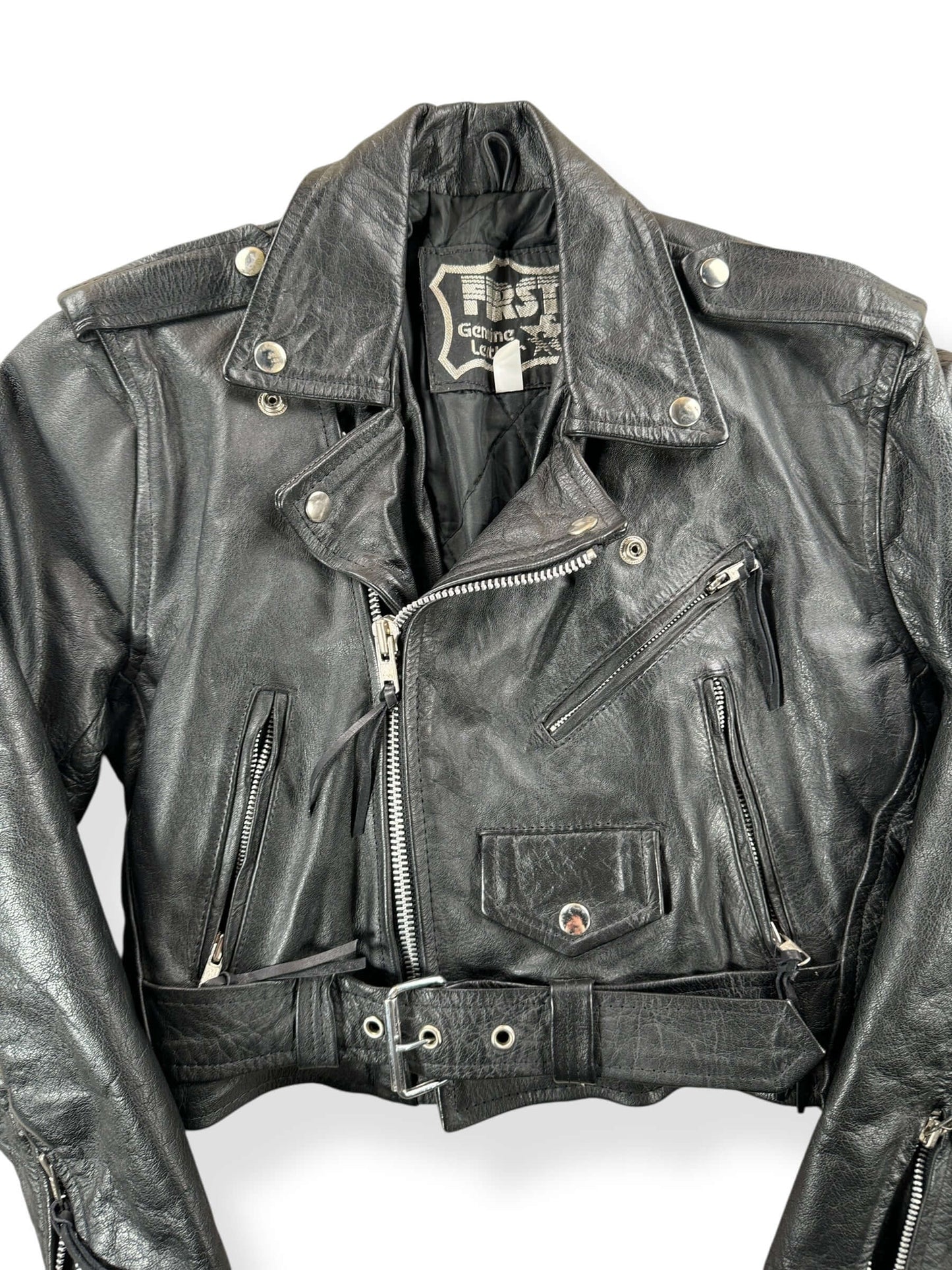 Front Close Up of Vintage Womens 1980s First Leather Motorcycle Jacket SZ S