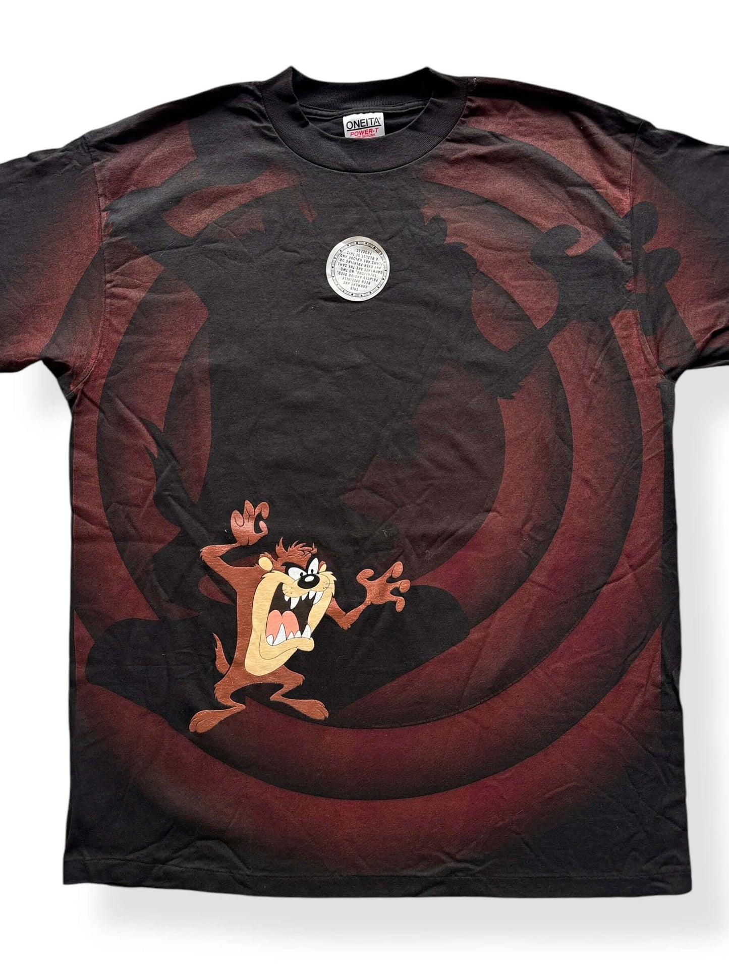 Front Close Up of Vintage NOS Oneita Taz All Over Print Spotlight Tee SZ XL
