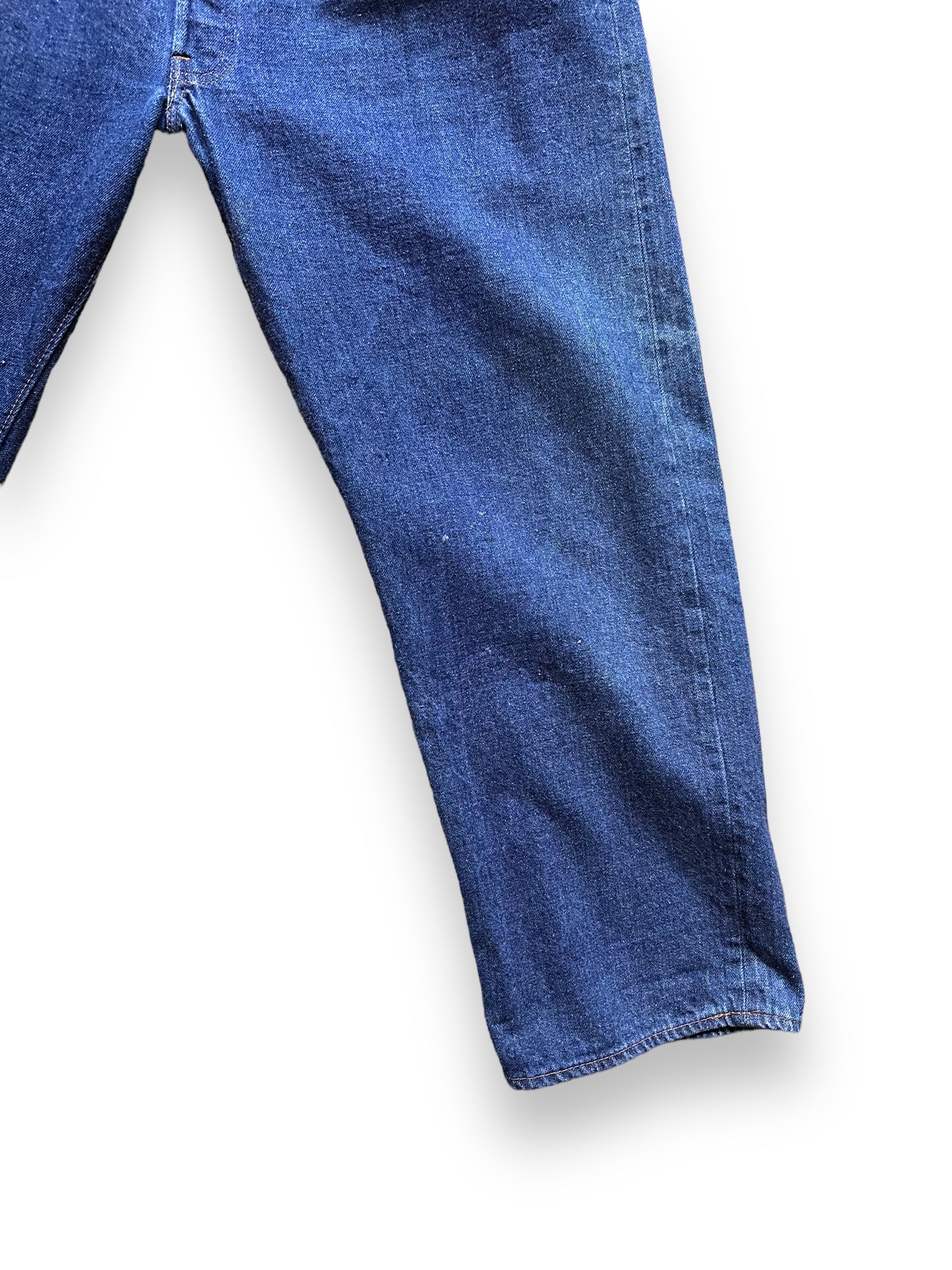 Front Lower Left Leg View of Vintage Levi's 501 Single Stitch Selvedge Redlines W43 | Vintage Denim Seattle | Barn Owl Vintage Workwear