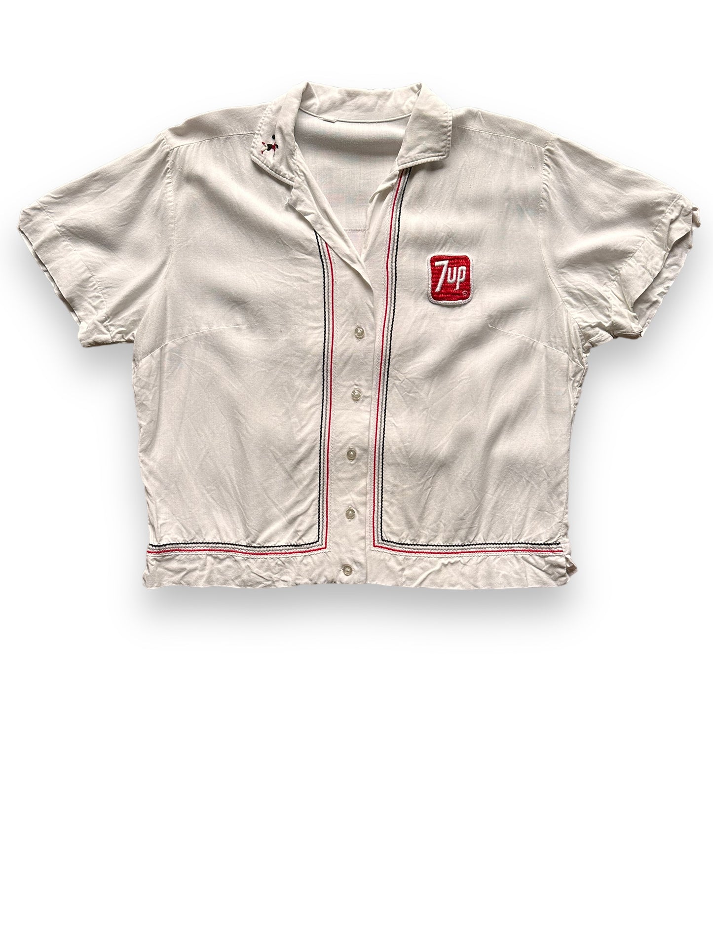 front of Vintage 7UP Ladies Delivery Driver Shirt SZ M | Vintage Bowling Shirt Seattle | Barn Owl Vintage Seattle