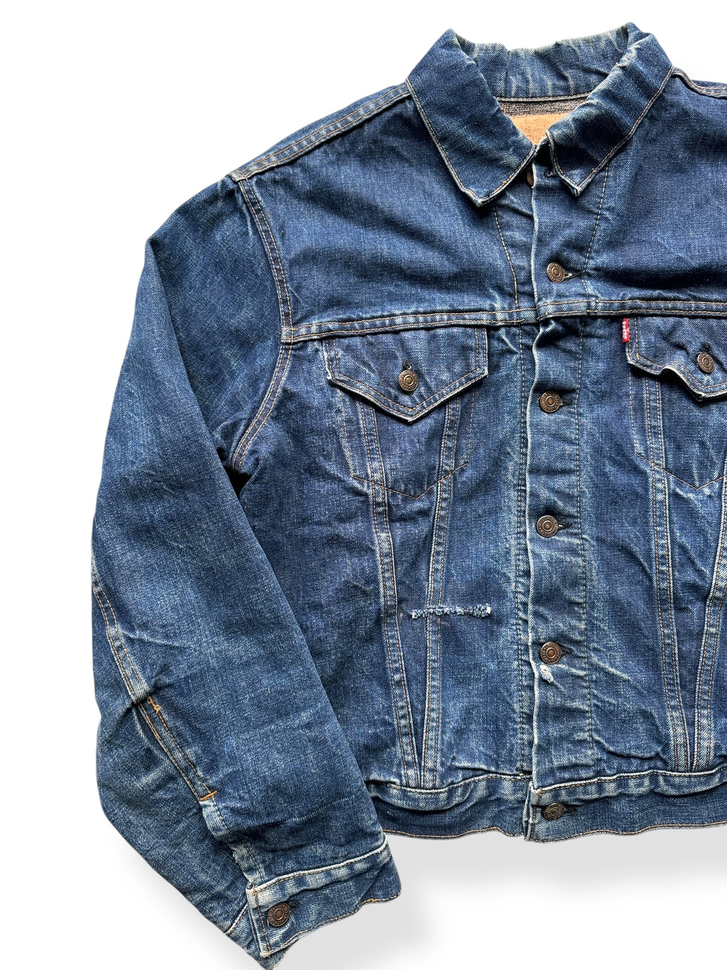 Front Right of Vintage Big "E" Levis Blanket Lined Type III Trucker Jacket SZ XL