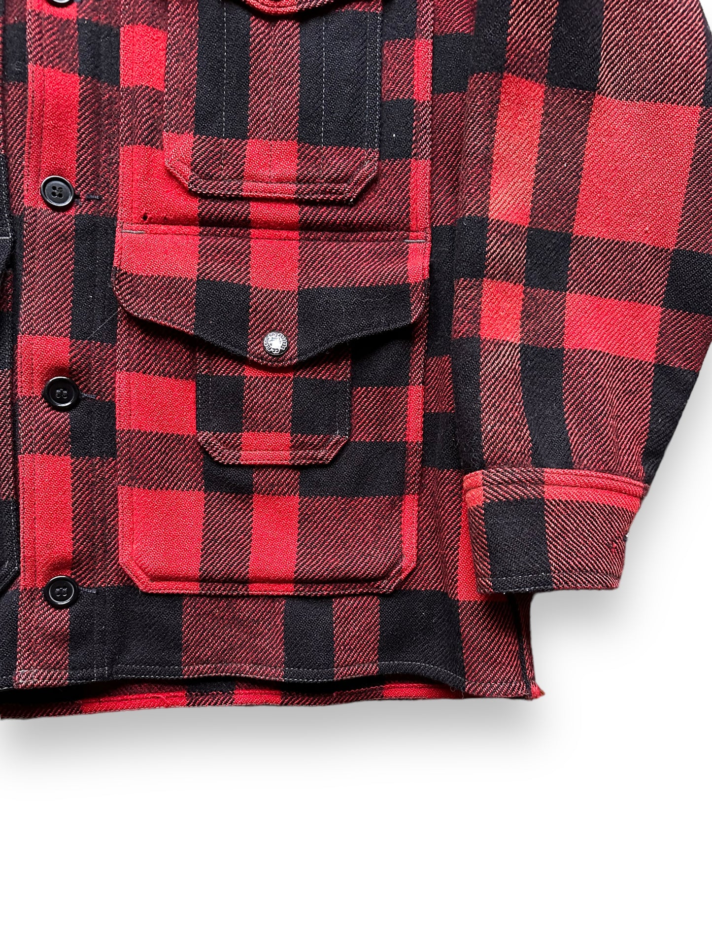 Lower Front Left View of Vintage Sun Faded Union Made Filson Red and Black Mackinaw Cruiser SZ 44 | Vintage Filson Mackinaw | Vintage Filson Workwear Seattle