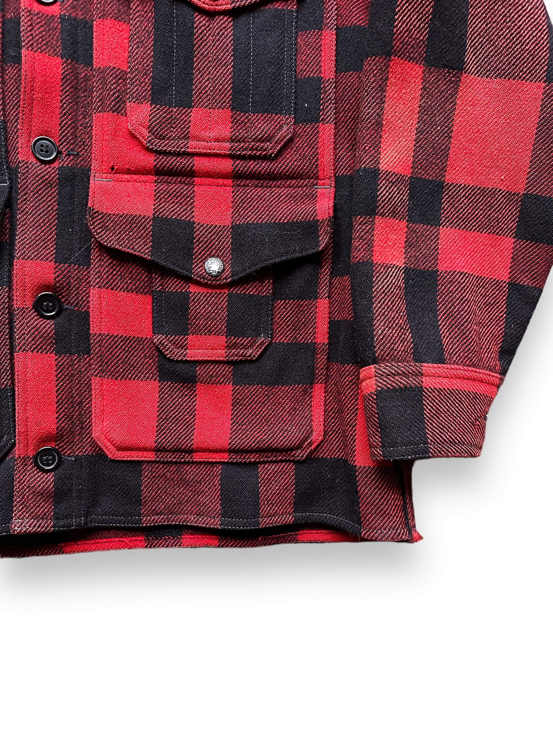 Lower Front Left View of Vintage Sun Faded Union Made Filson  Red and Black Mackinaw Cruiser SZ 44 |  Vintage Filson Mackinaw | Vintage Filson Workwear Seattle