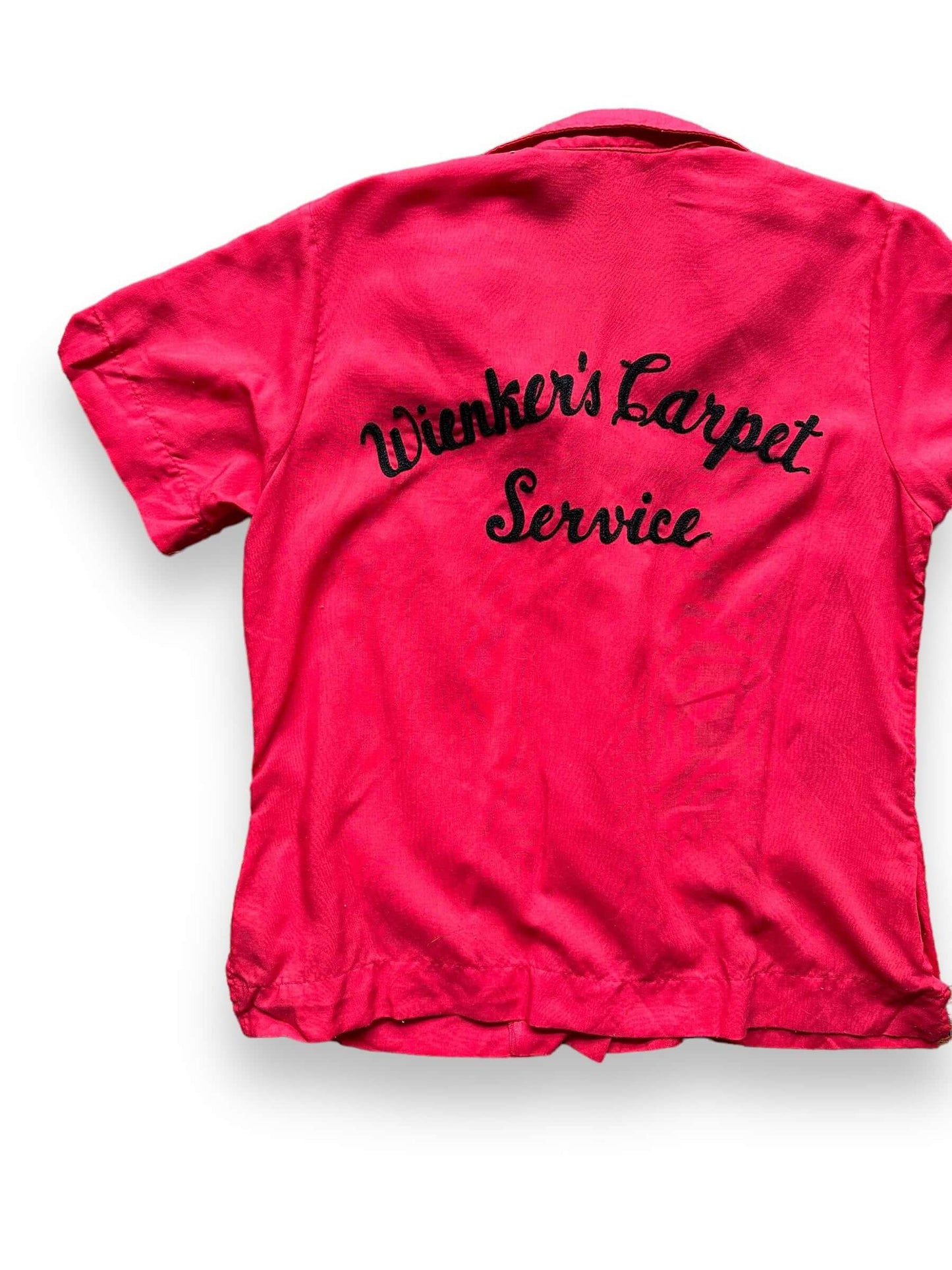 Rear Left View of Vintage Wienkers Carpet Service Ladies Bowling Shirt SZ 34 | Vintage Bowling Shirt Seattle