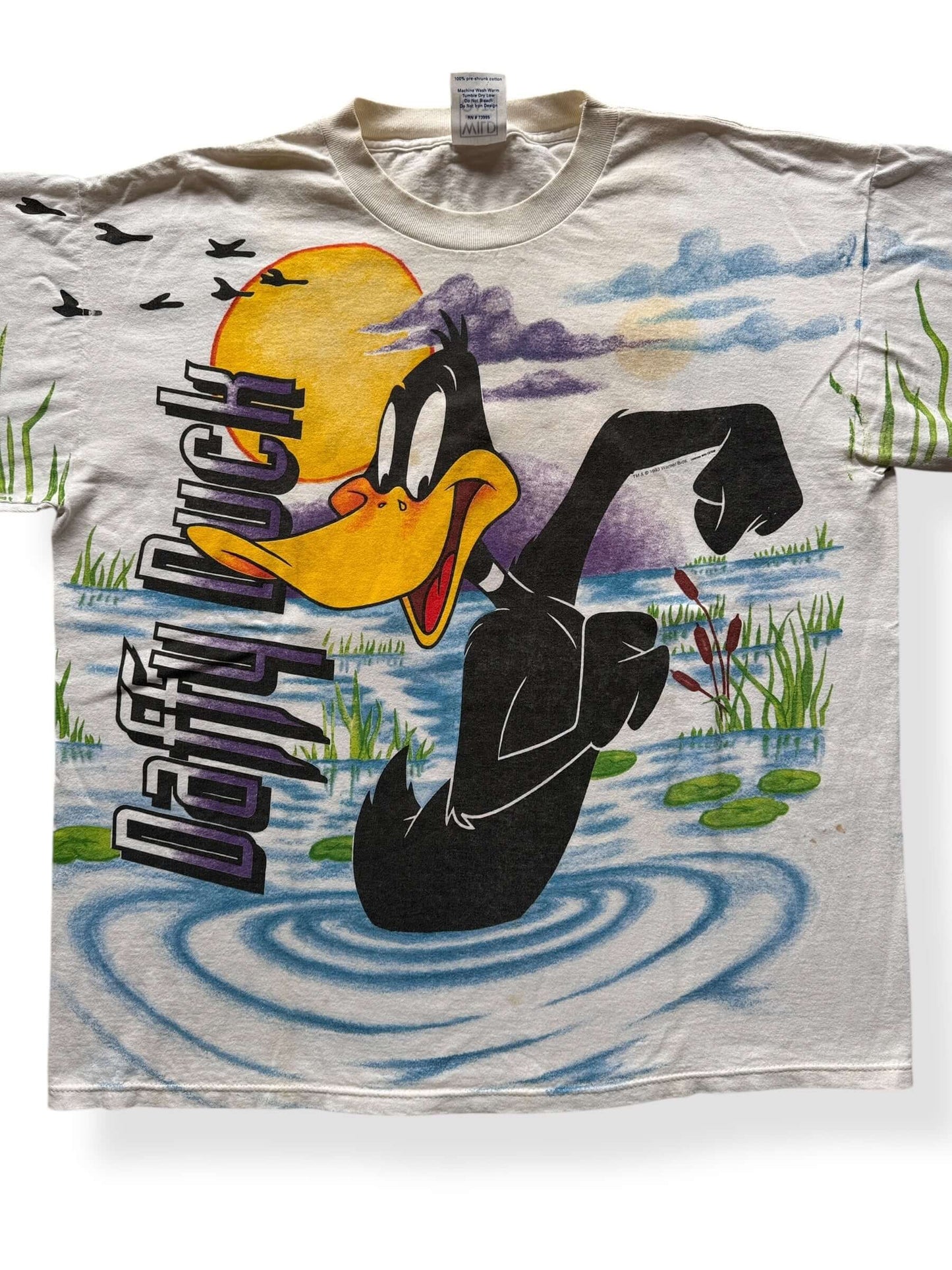 Front Close Up of Vintage Daffy Duck Wild Oats All Over Print Tee SZ XL
