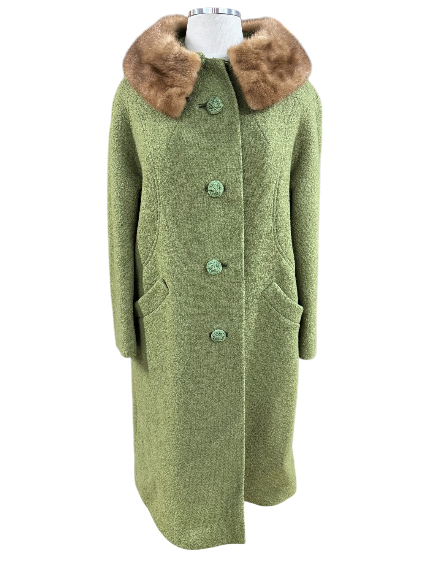 Front view of 1950s Mink Collar Sage Green Coat M
