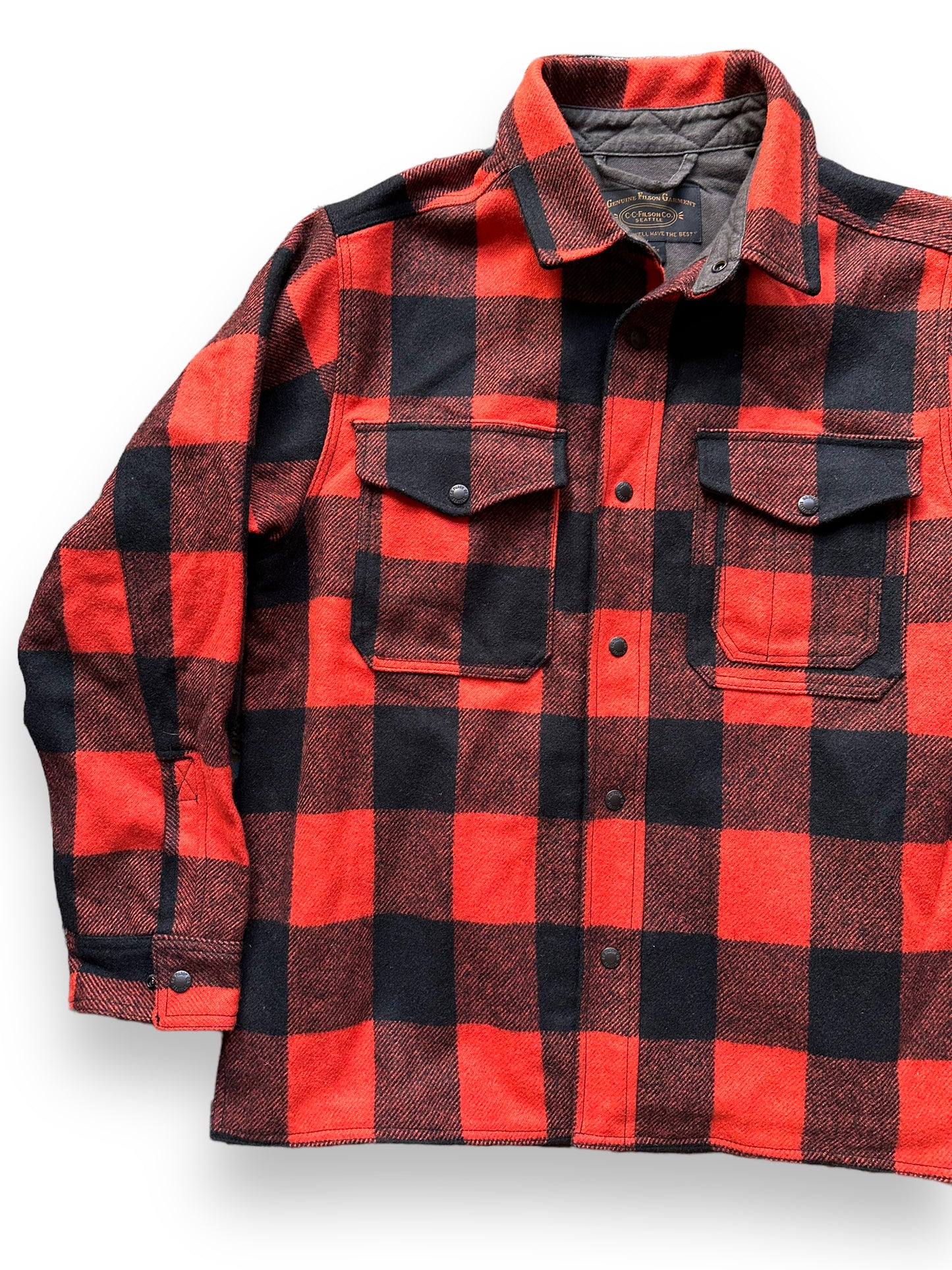 Front Right View of Filson Black Blaze Mackinaw Lined Jac Shirt SZ M | Barn Owl Vintage Goods | Vintage Filson Workwear Seattle