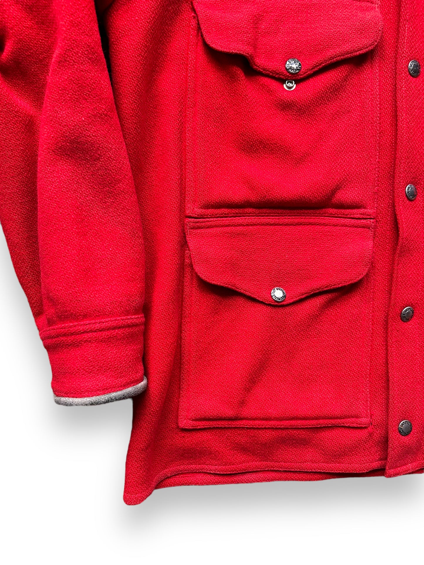 bottom right of Vintage 60s Era Union Made Filson Scarlet Cruiser Size 44 | Barn Owl Vintage Goods | Vintage Filson Workwear Seattle