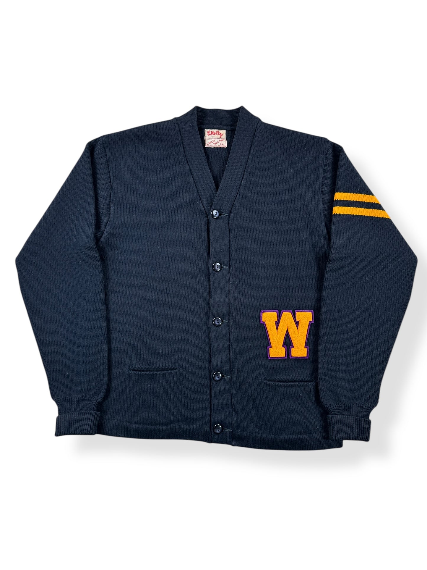 Front of Vintage UW Lasley Woolen Mills Chuck Holtz Cardigan SZ L