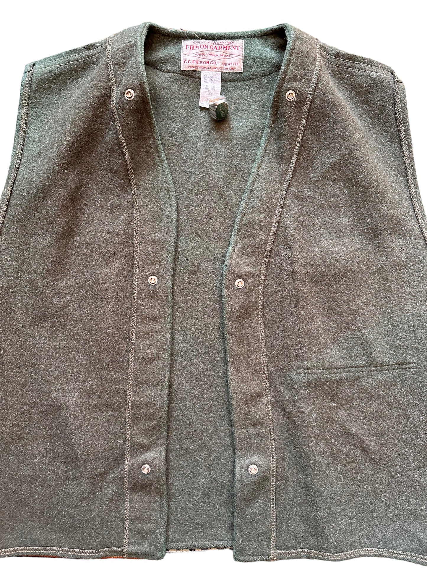 Front Detail on Vintage Filson Green Wool Snap In Liner SZ 44 | Vintage Filson Workwear Seattle | Barn Owl Vintage