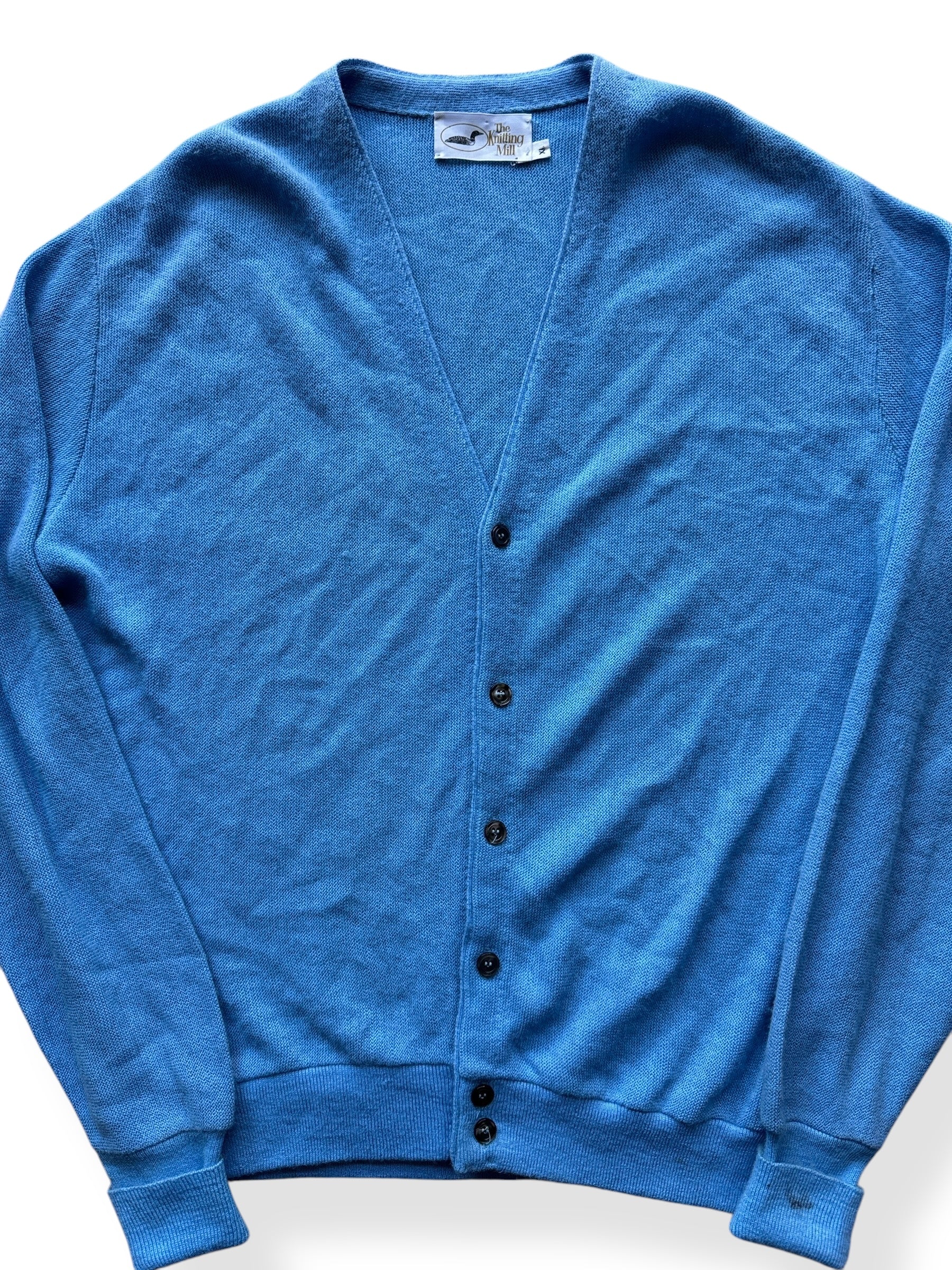 Front Close Up of Knitting Mill Blue Cardigan SZ XL