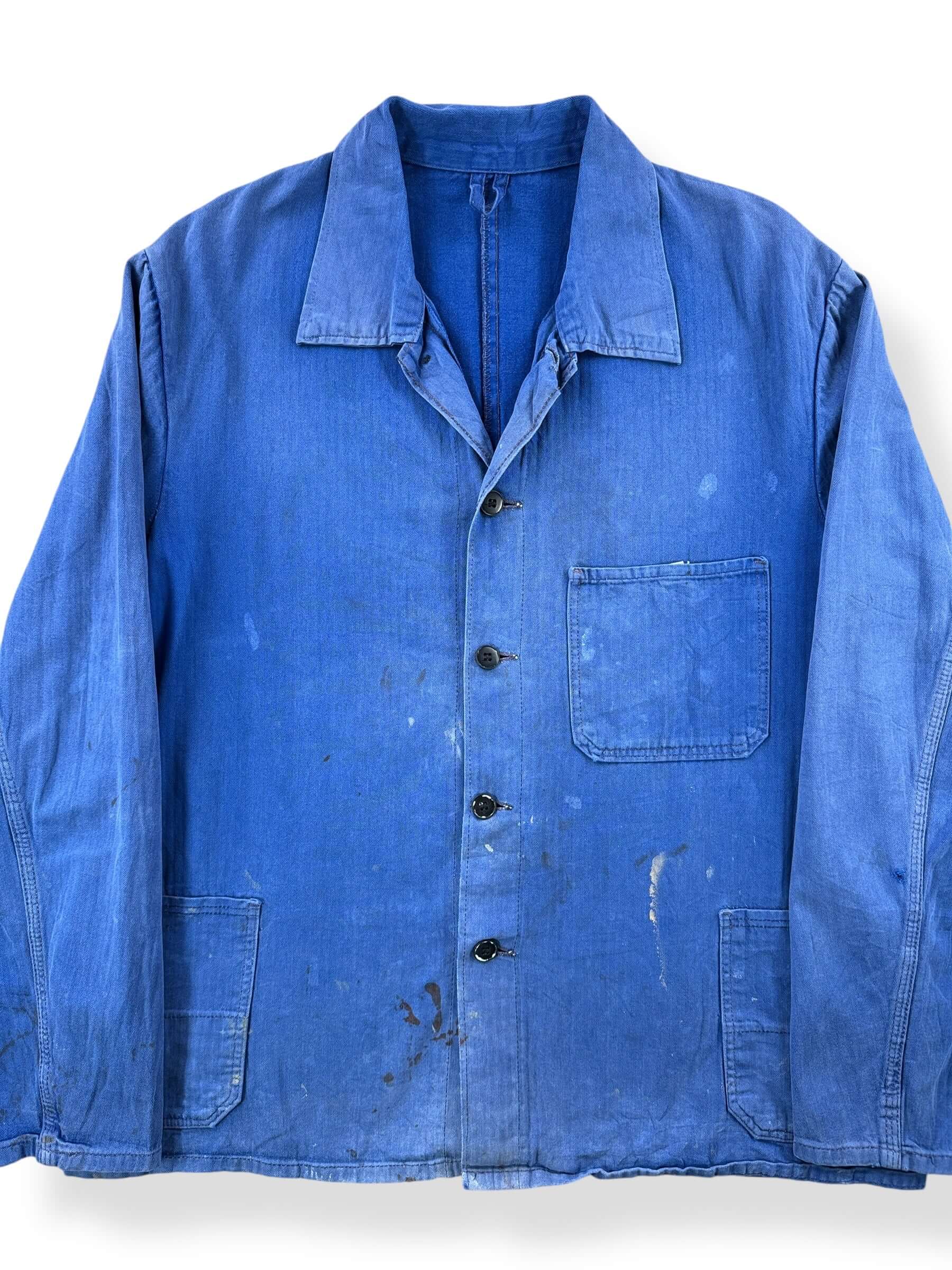 Front Close Up of Vintage Perfectly Faded HBT French Chore Coat SZ XL