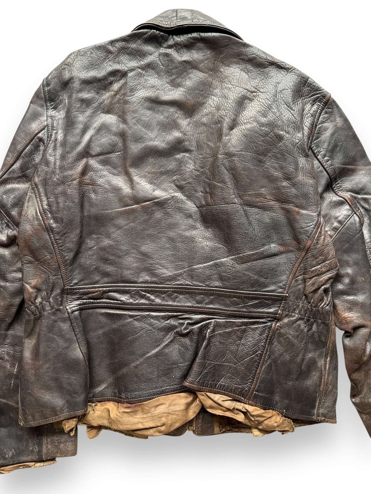 back close up of Vintage Thrashed Sportclad Genuine Horsehide Leather Jacket SZ L