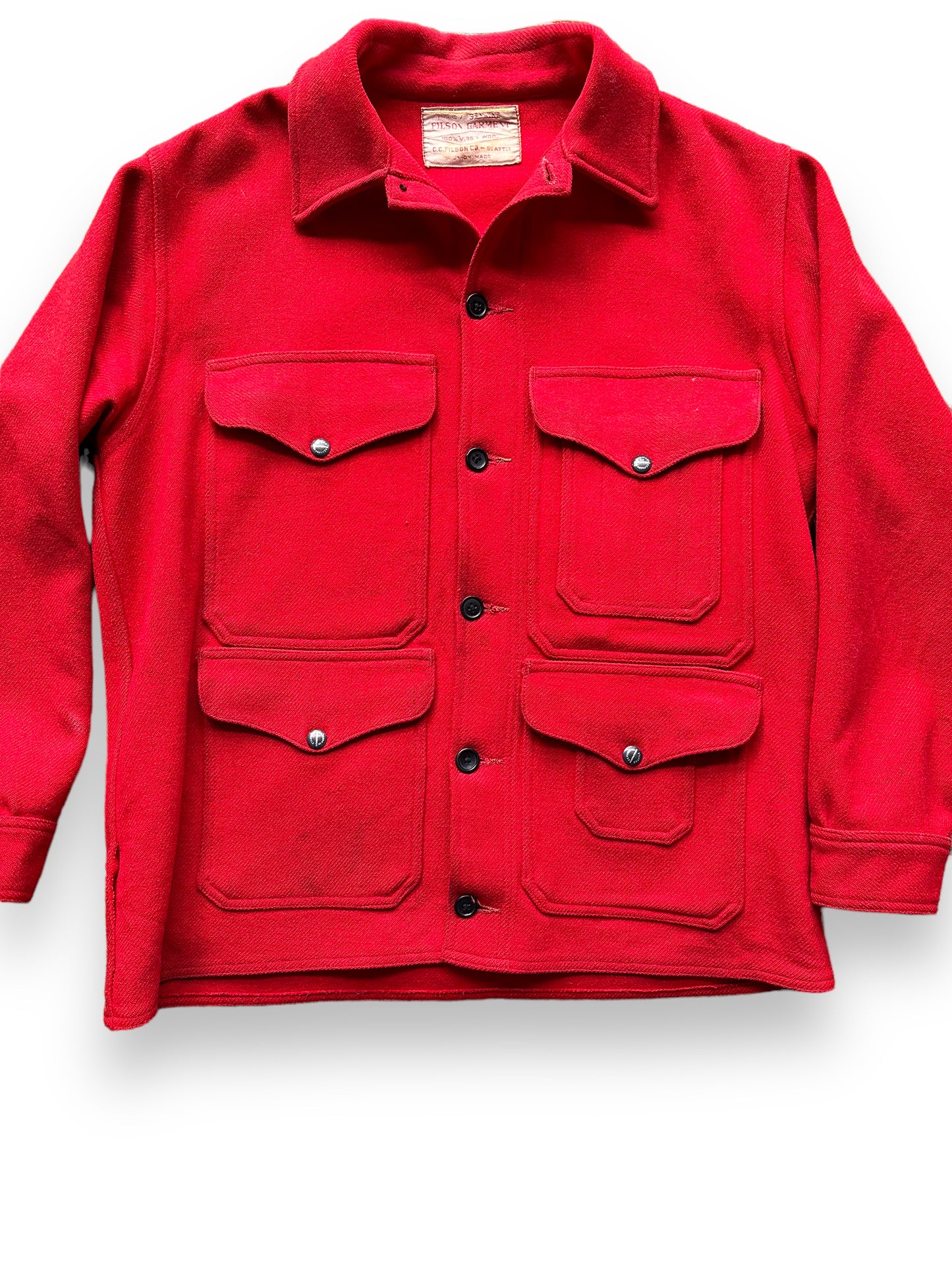 front close up of Vintage Union Made Era Filson Scarlet Cruiser Size 44 | Barn Owl Vintage Goods | Vintage Filson Workwear Seattle