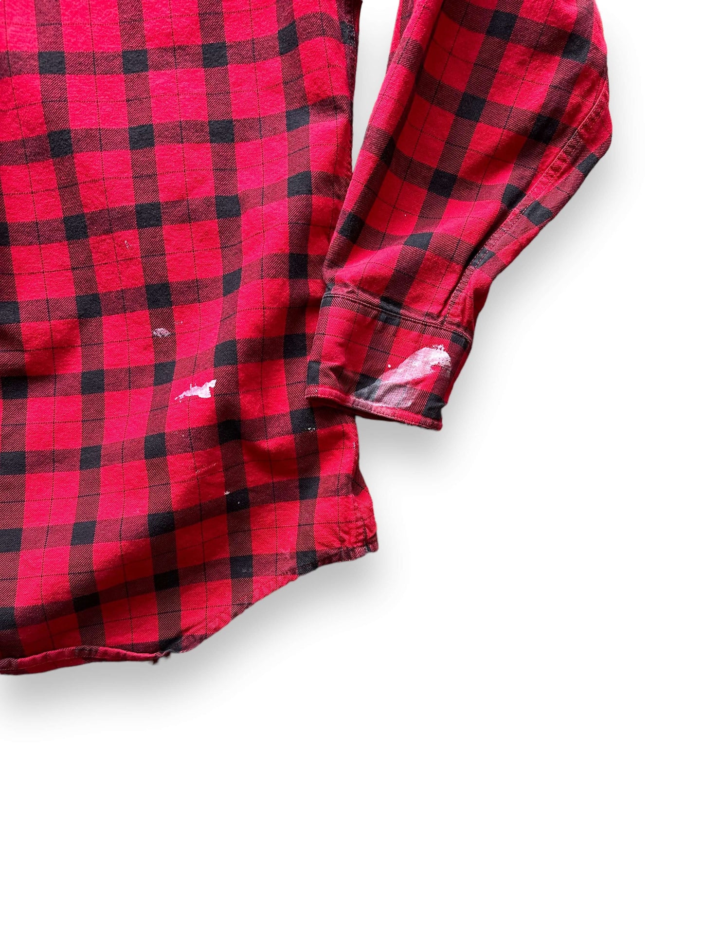 Paint Splatters on Rear and Cuff of Paint Splattered Filson Black and Red Guide Shirt SZ M | Barn Owl Vintage Goods | Vintage Filson Workwear Seattle