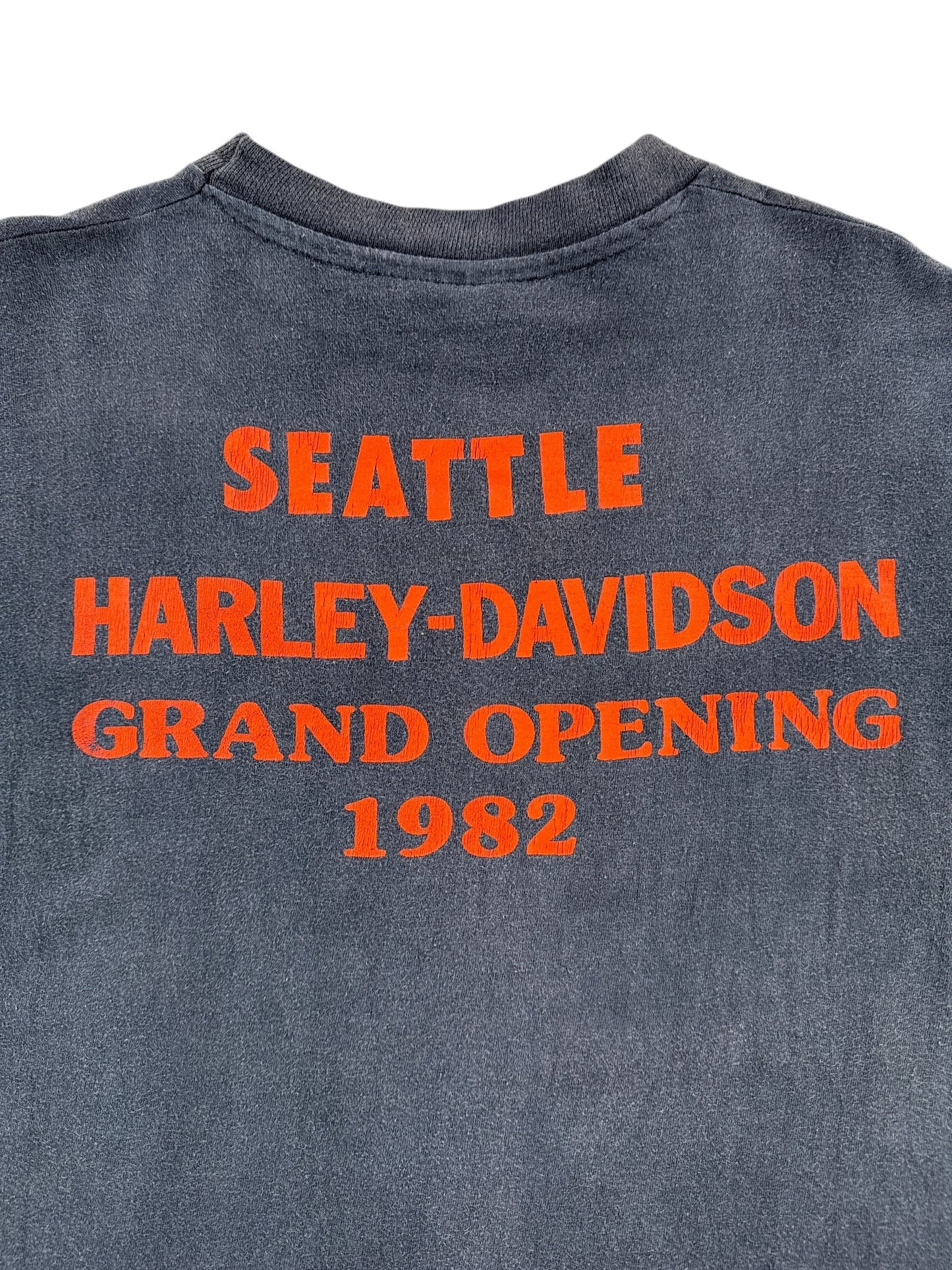 Back Graphic of Vintage 1982 Harley Davidson Seattle Grand Opening Tee SZ M