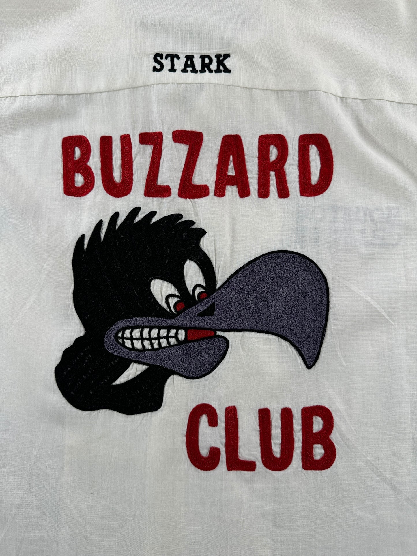 Embroidery on Vintage Hilton Buzzard Club Chainstitched Bowling Shirt SZ L