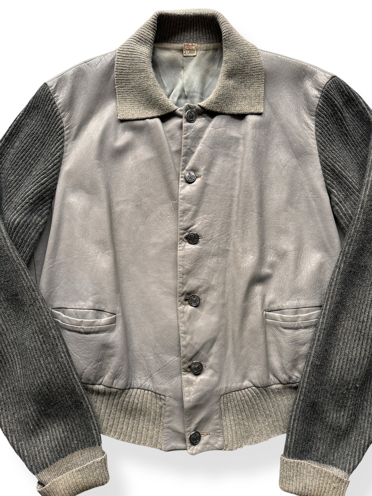 Front Close Up of Vintage California Don's Leather Knitted Jacket SZ XL
