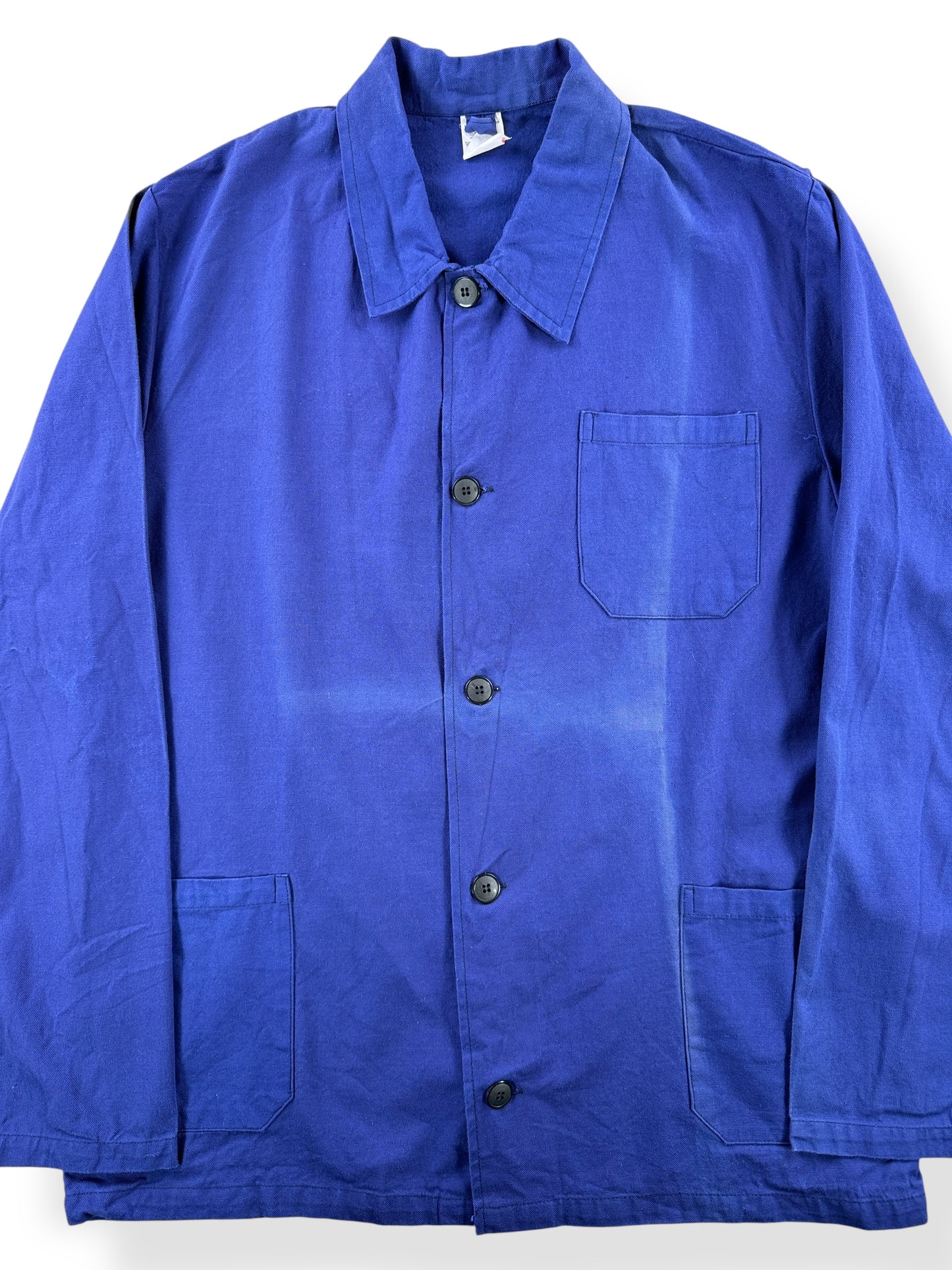 Front Close Up of Vintage Sunfaded French Chore Coat SZ L