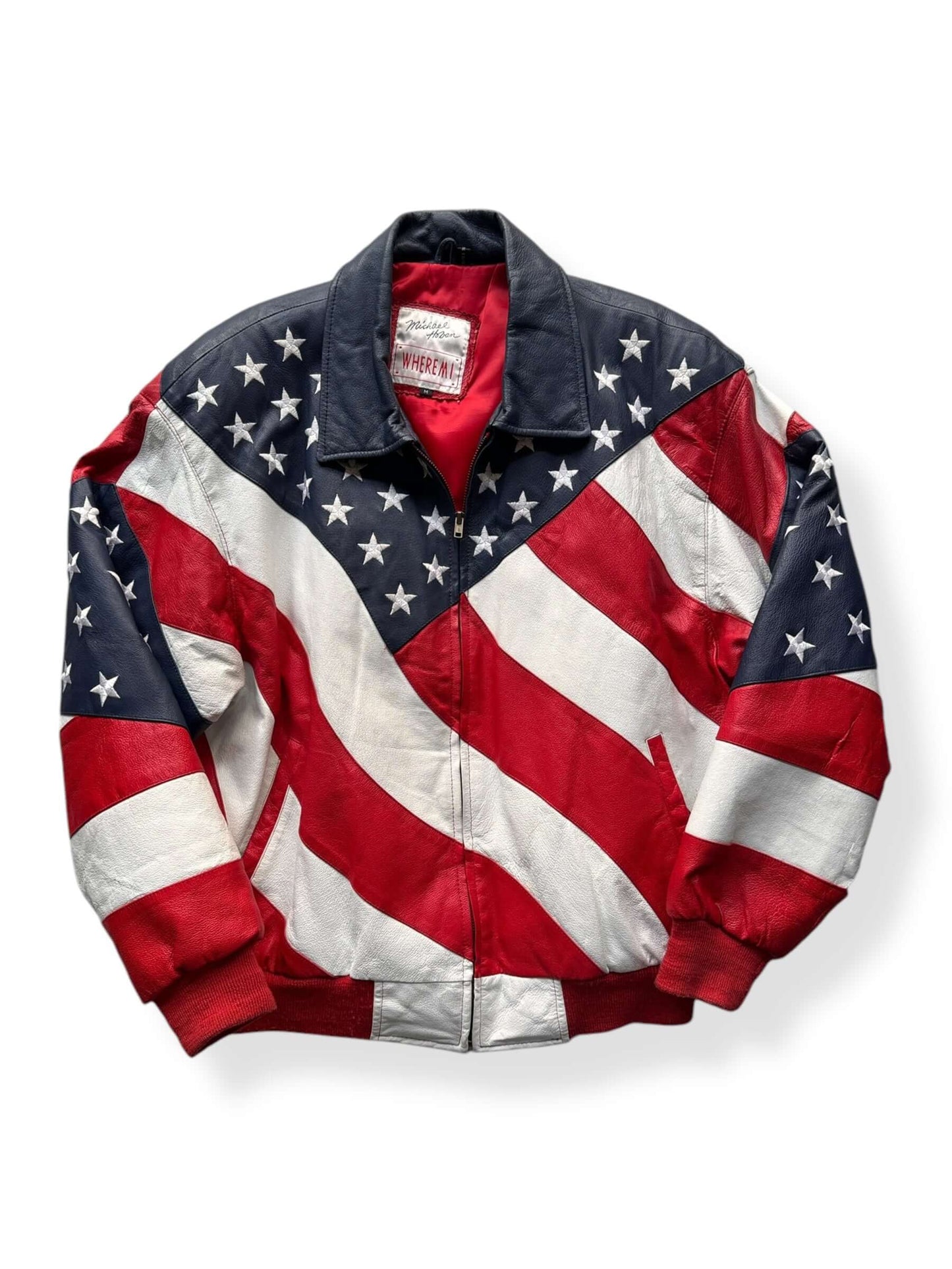 Front of Vintage Michael Hoban WhereMI Flag Leather Jacket SZ M
