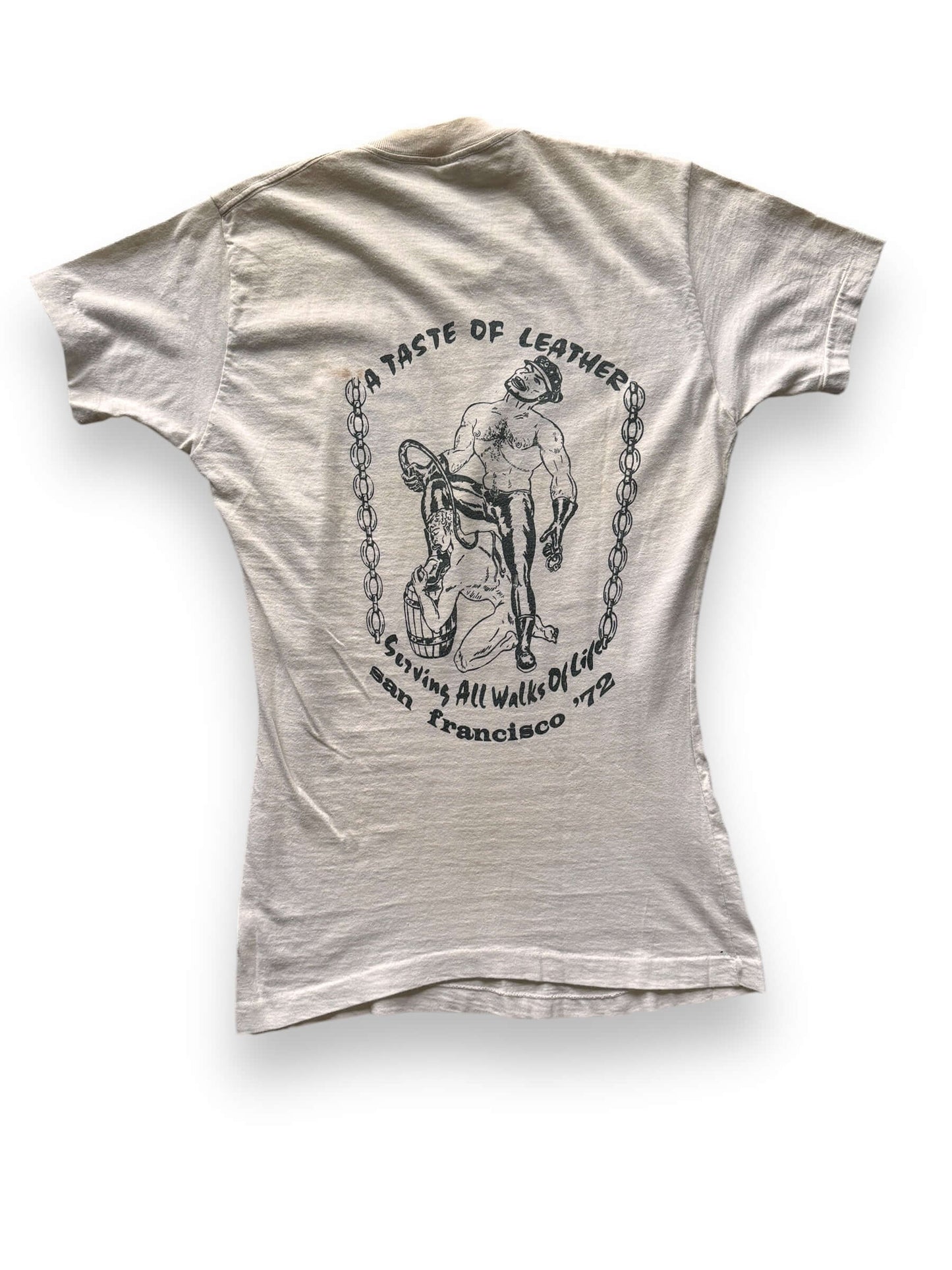 back of Vintage 1972 Fe-Be's San Francisco Gay Biker Bar Tee SZ M