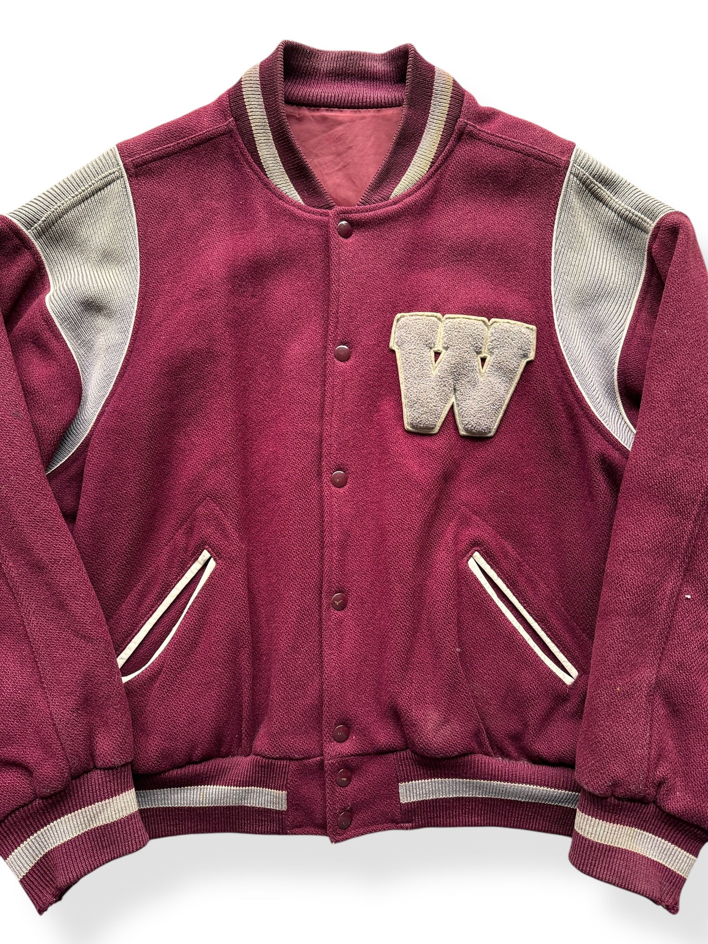 Front Close Up of Vintage W Varsity Jacket SZ XXL