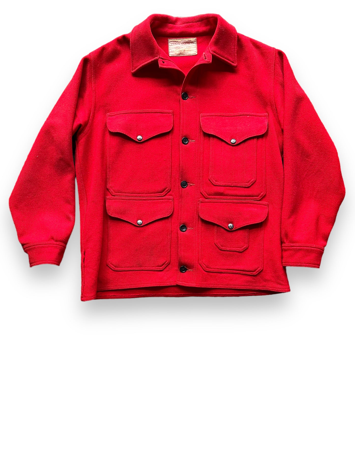 front of Vintage Union Made Era Filson Scarlet Cruiser Size 44 | Barn Owl Vintage Goods | Vintage Filson Workwear Seattle